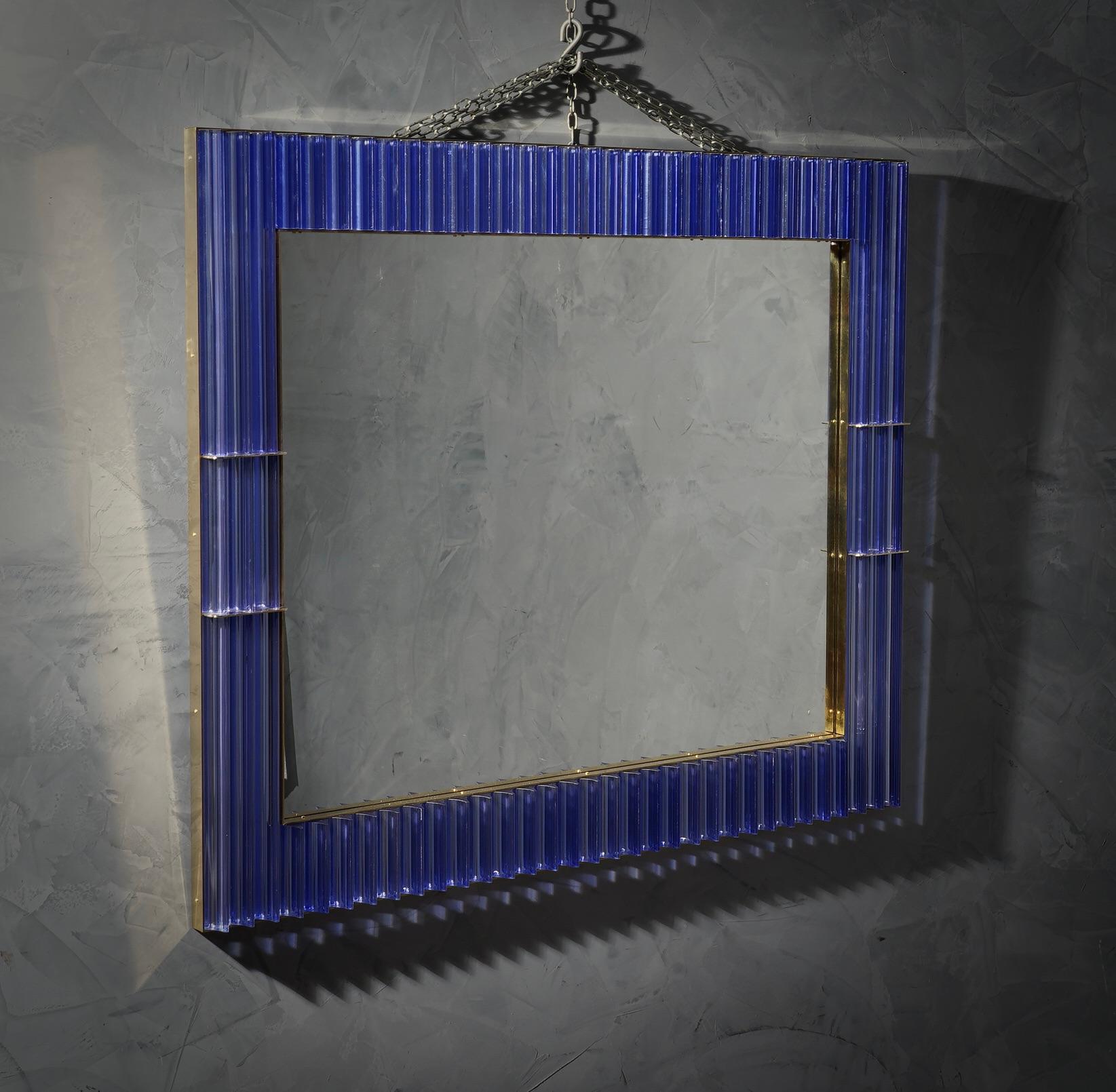 Murano Periwinkle Glass and Brass Mid-Century Wall Mirror, 1980 For Sale 3