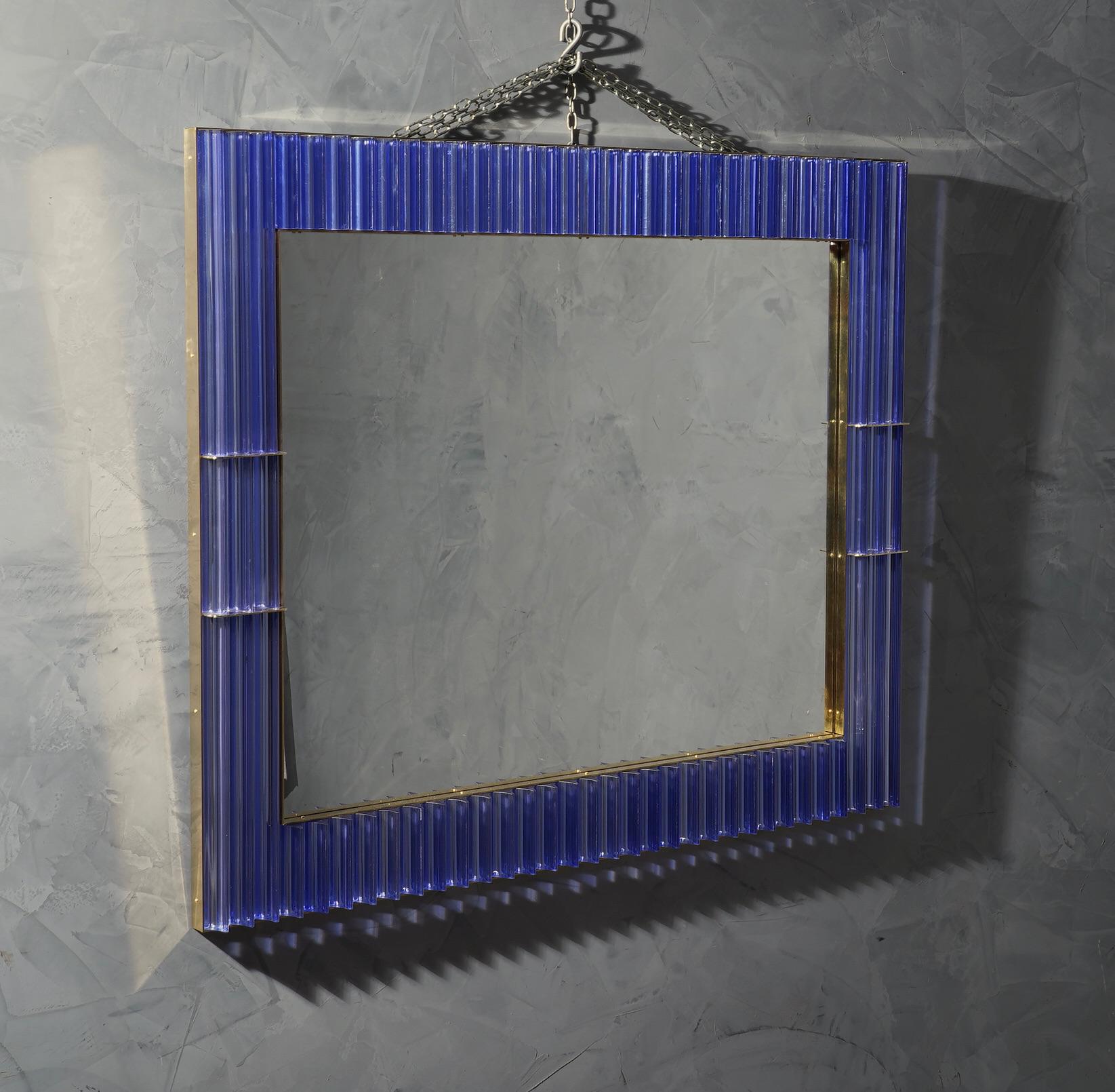 Italian Murano Periwinkle Glass and Brass Mid-Century Wall Mirror, 1980 For Sale
