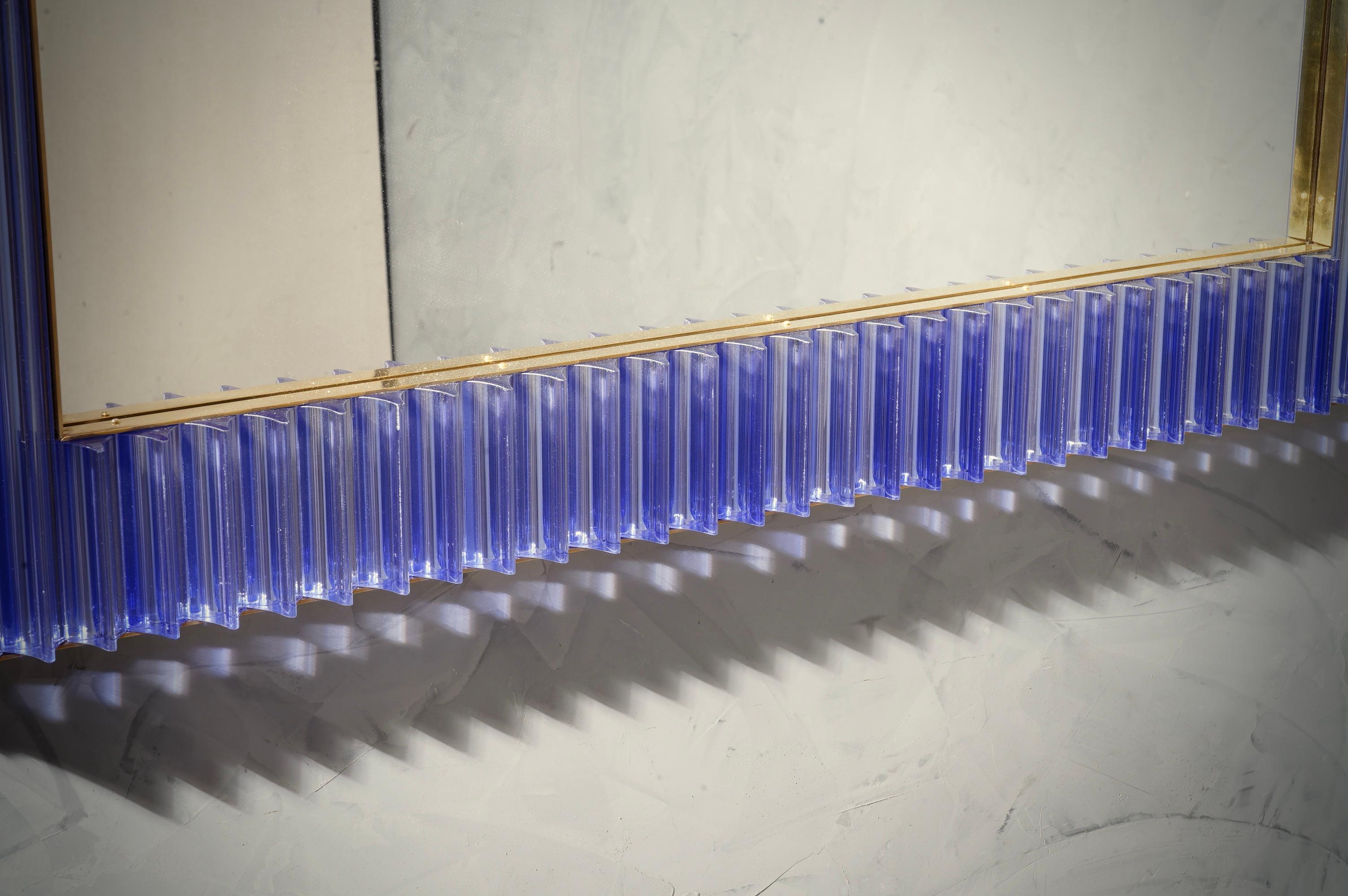 Mid-Century Modern Murano Periwinkle Glass and Brass Mid-Century Wall Mirror, 1980 For Sale