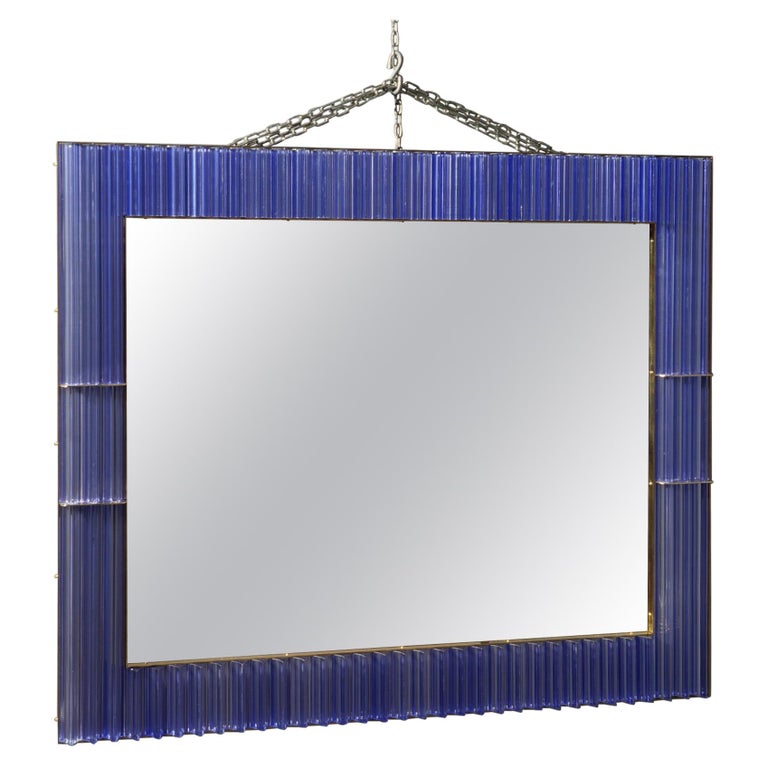 Murano Periwinkle Glass and Brass Mid-Century Wall Mirror, 1980 For Sale