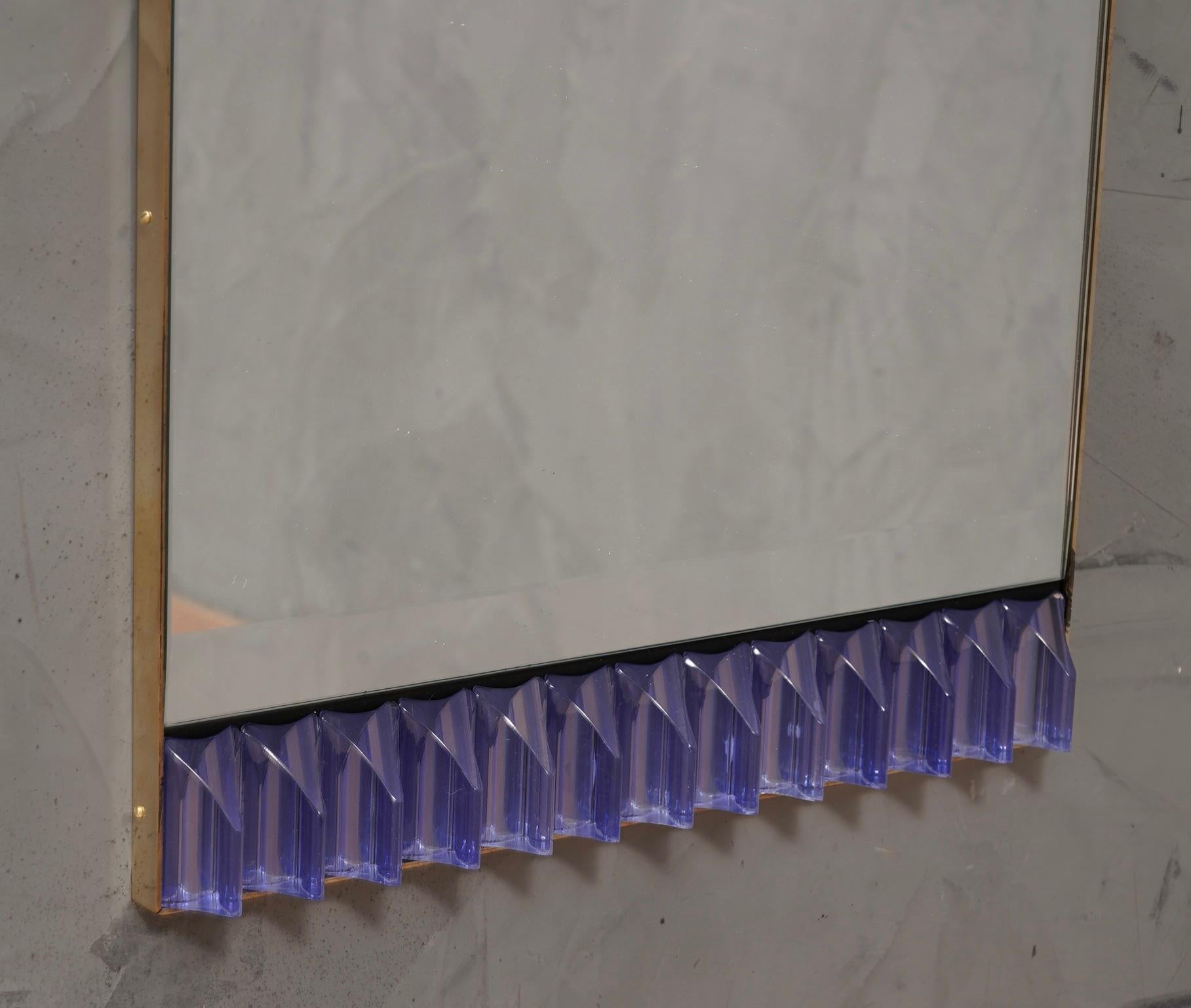 Italian Murano Periwinkle Glass and Brass Mid-Century Wall Mirror, 1990 For Sale