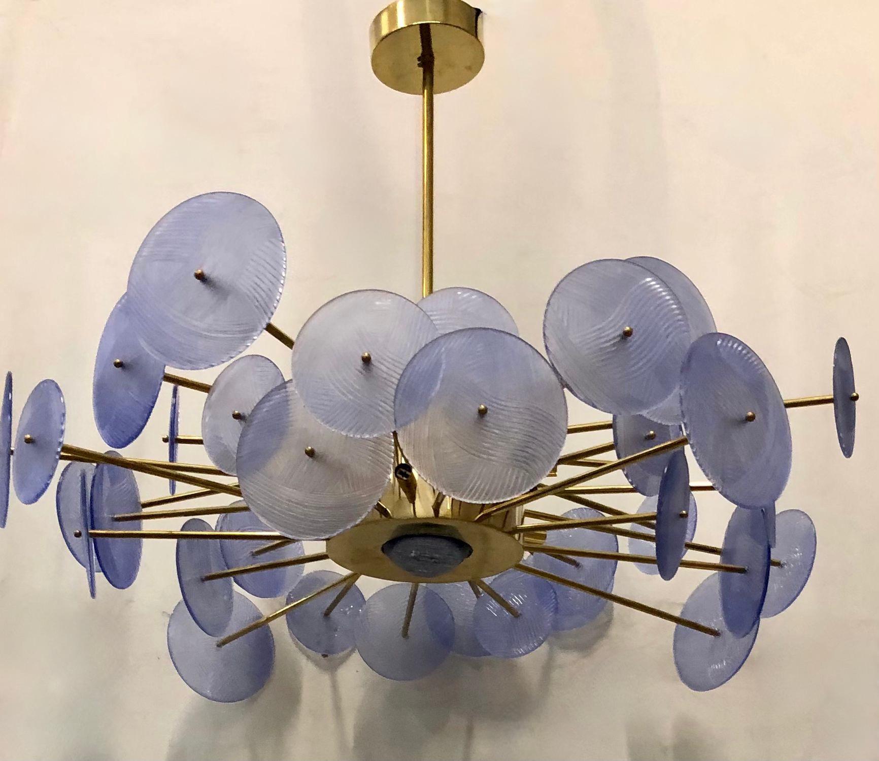 Brass Murano Periwinkle Glass Round Midcentury Chandelier, 1980