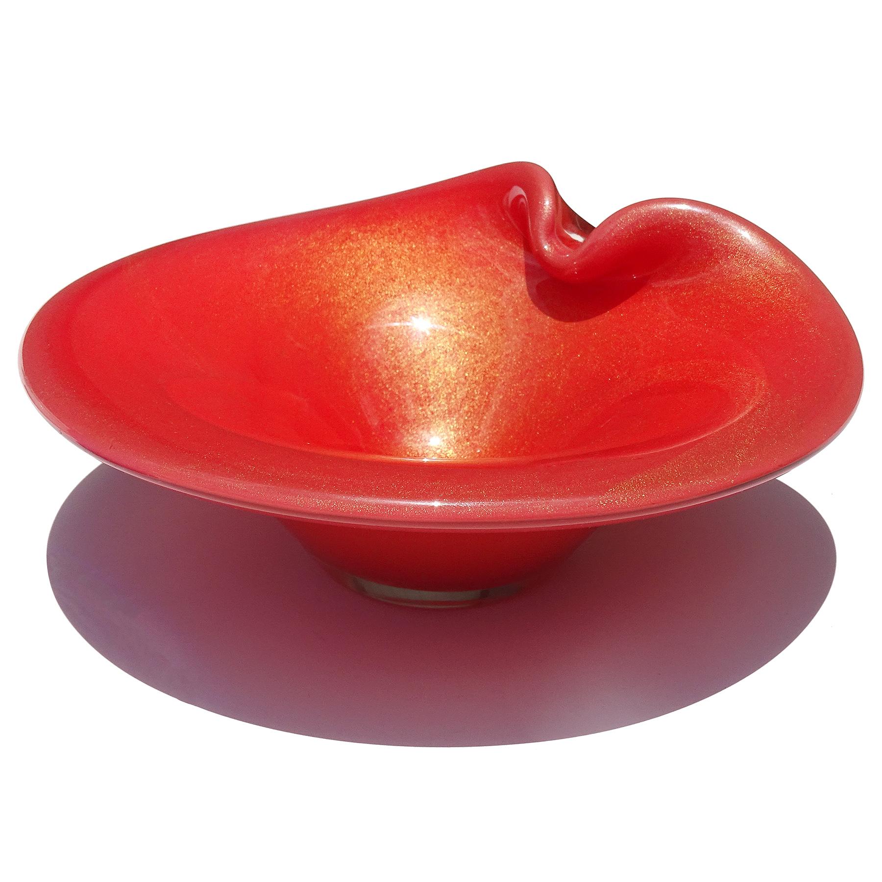 Mid-Century Modern Murano Persimmon Orange Gold Flecks Italian Art Glass Flared Rim Decorative Bowl For Sale
