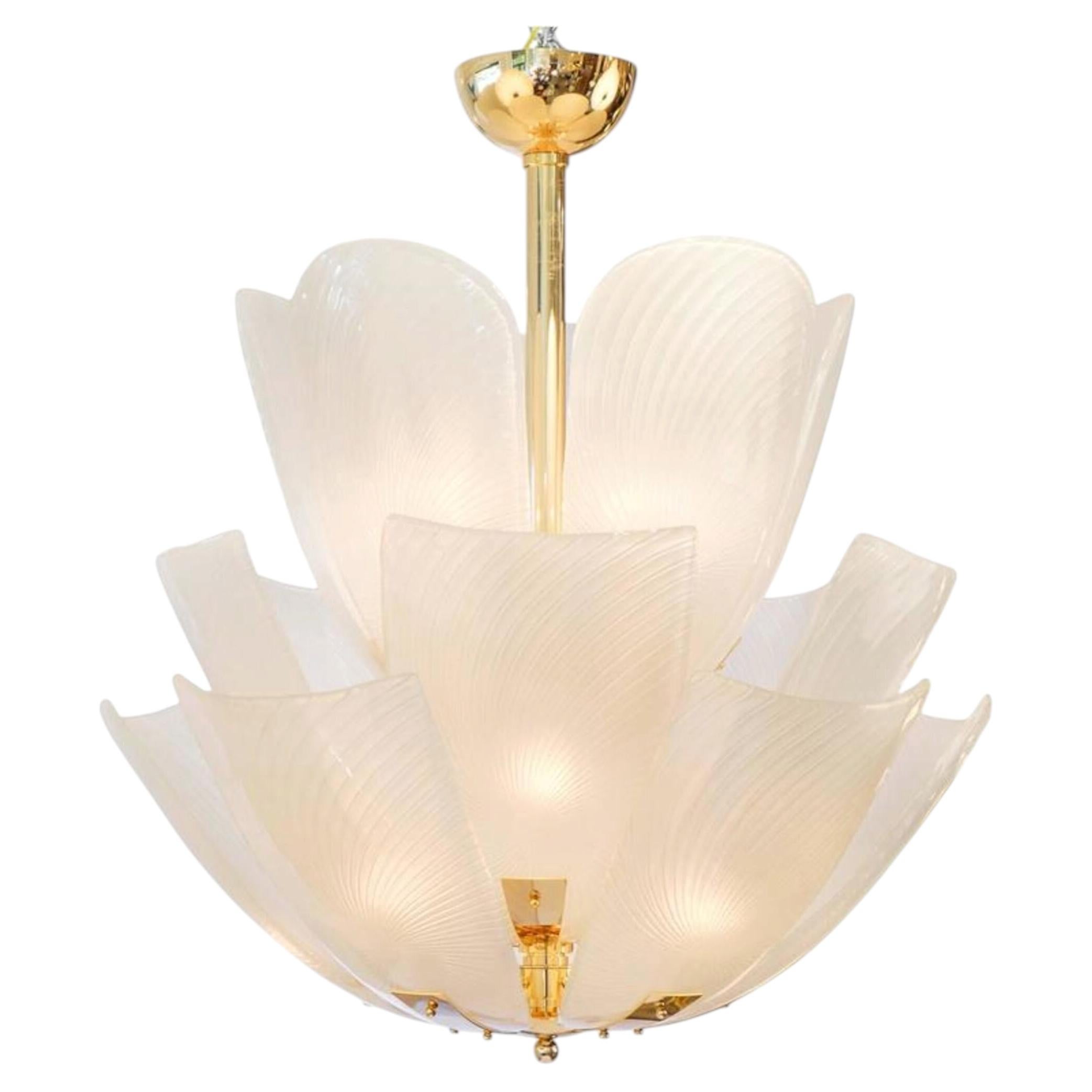 Murano Petal Glass Chandelier, Brass Structure, Art Deco Style, Italy