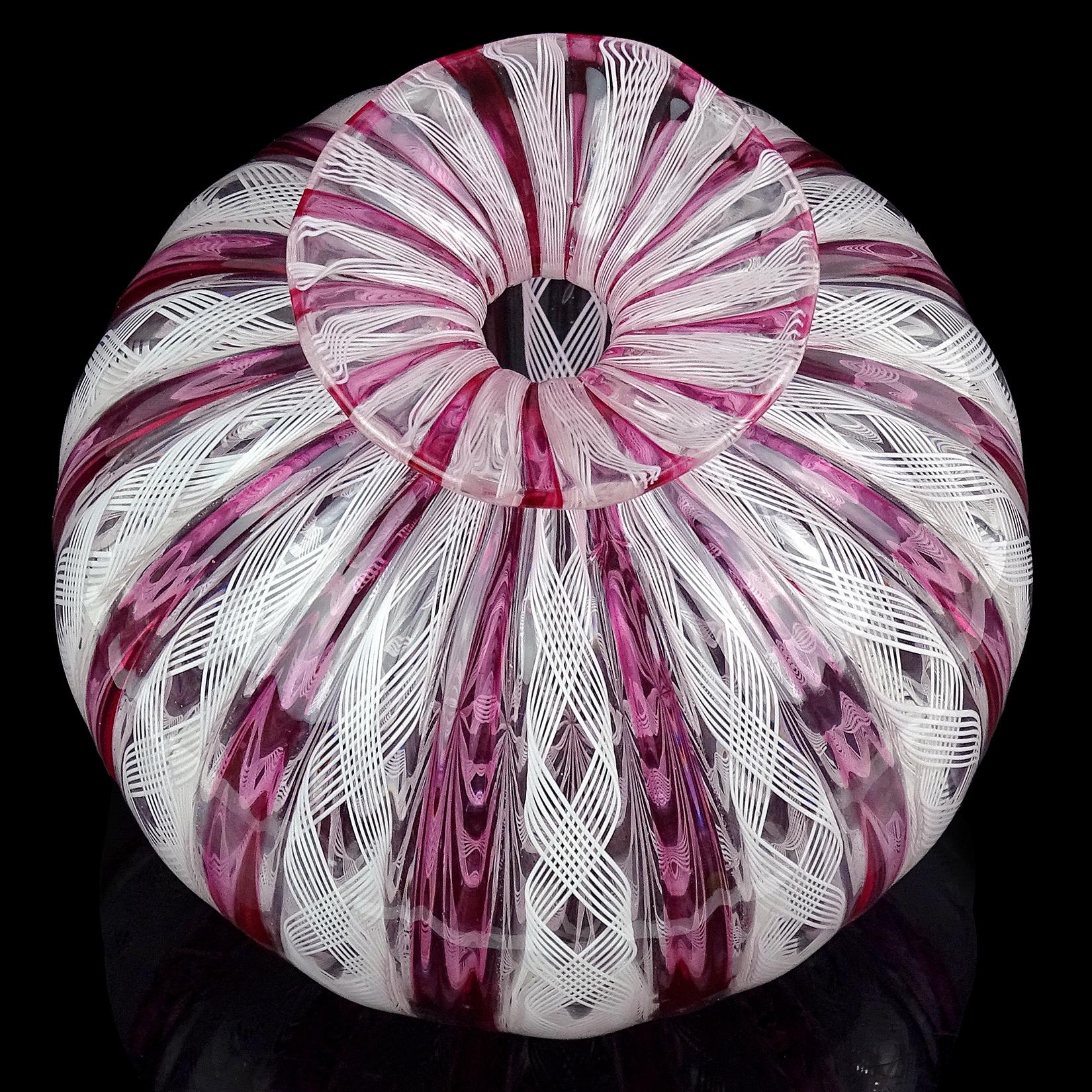 Mid-Century Modern Murano Pink Amethyst White Ribbon Italian Art Glass Round Specimen Flower Vase