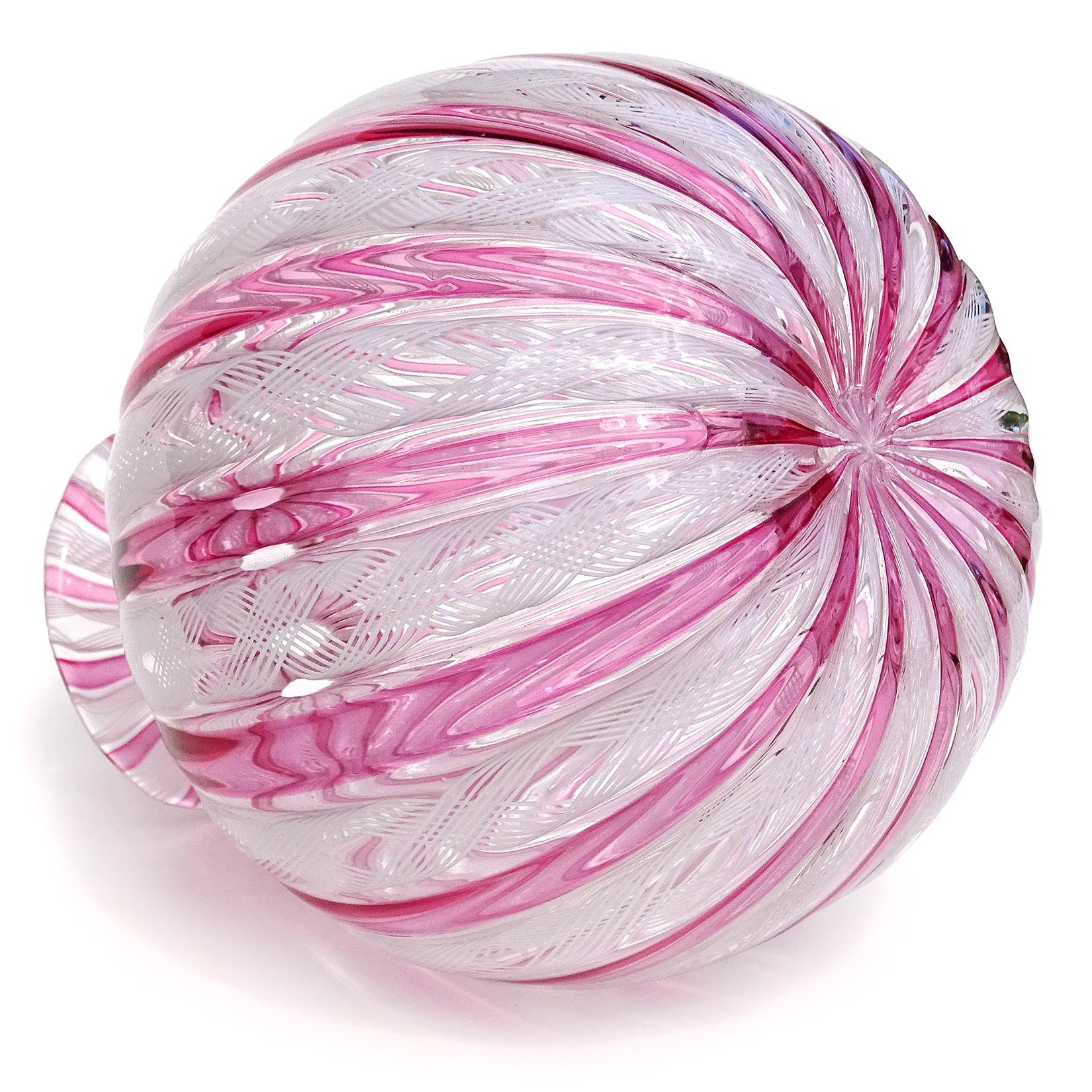 Murano Pink Amethyst White Ribbon Italian Art Glass Round Specimen Flower Vase In Good Condition In Kissimmee, FL