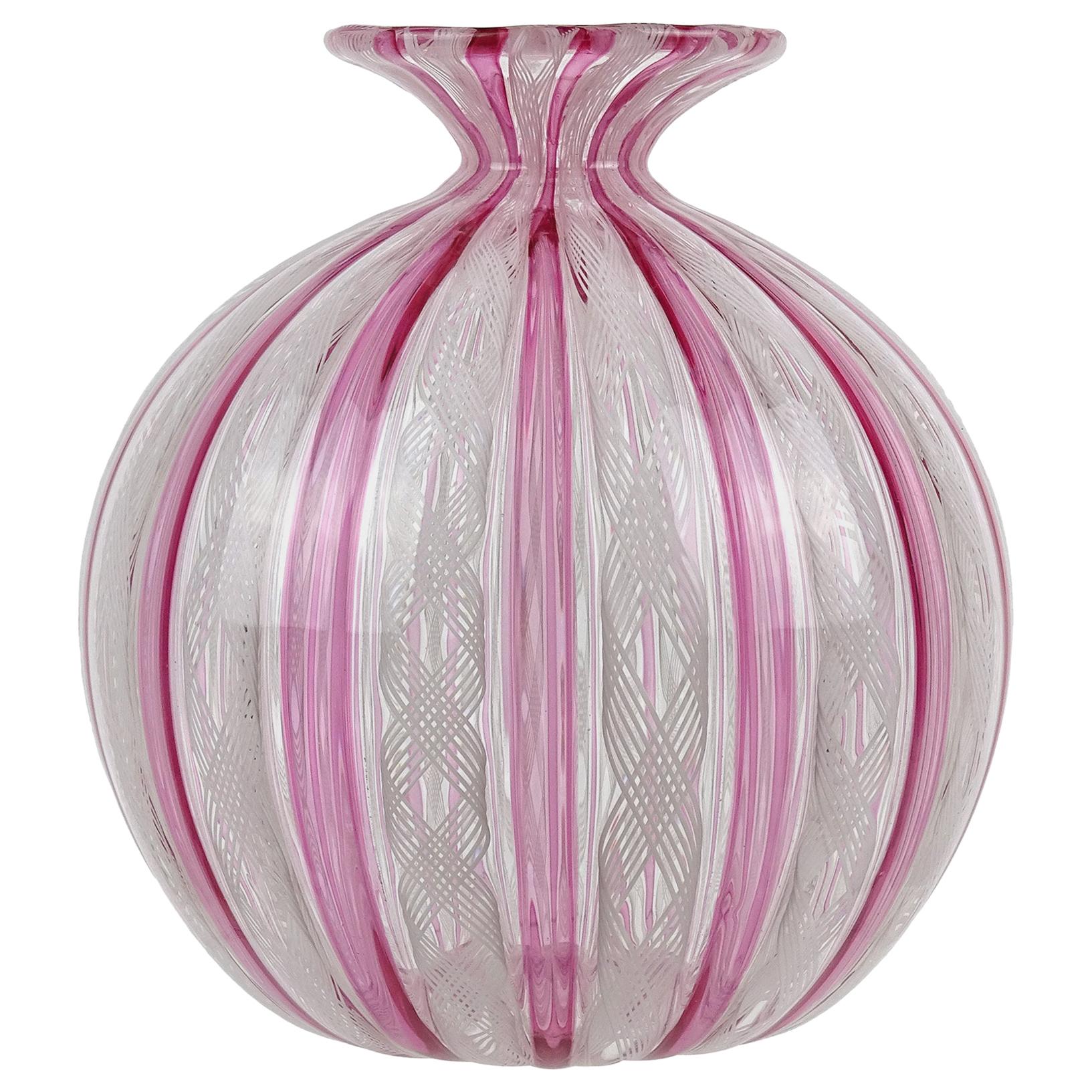 Murano Pink Amethyst White Ribbon Italian Art Glass Round Specimen Flower Vase
