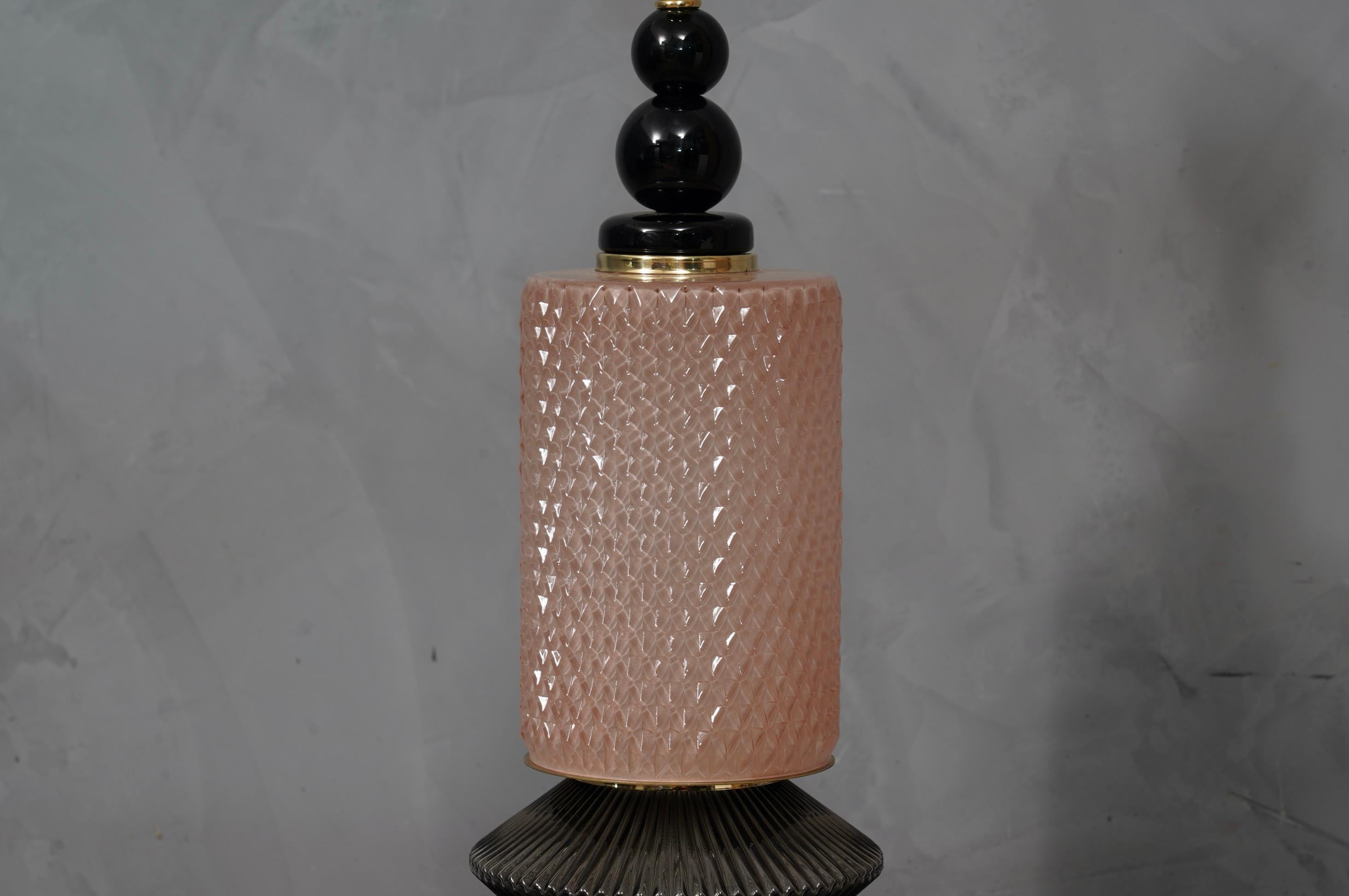 Brass Murano Pink and Black Glass Table Lamp, 1980 For Sale