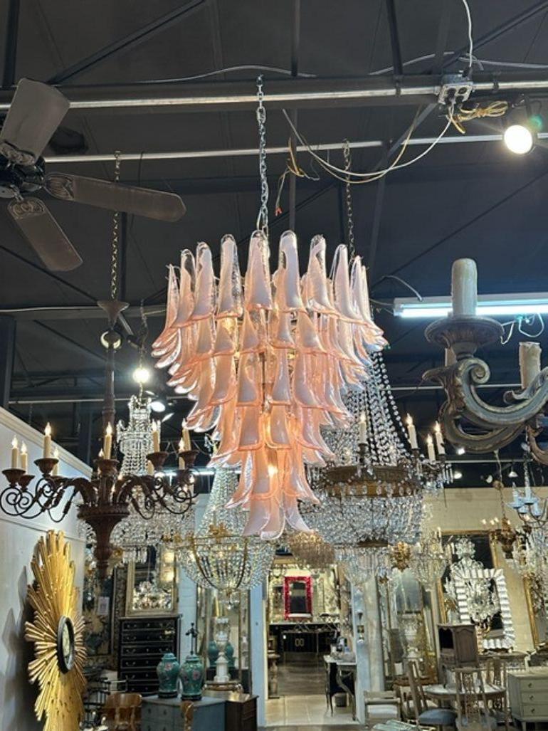 Blown Glass Murano Pink and White Saddle Waterfall Chandelier For Sale