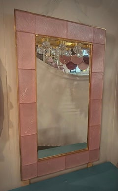Murano Pink Art Glass and Brass Mid-Century Italian Console Wall Mirror, 2020