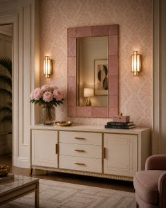 Murano Pink Art Glass and Brass Mid-Century Italian Console Wall Mirror, 2020