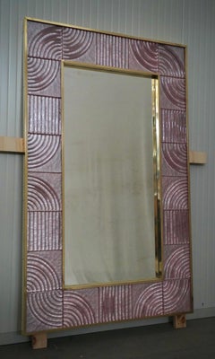 Murano Pink Art Glass and Brass Mid-Century Italian Console Wall Mirror, 2020
