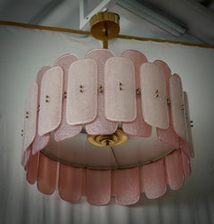 Murano Pink Art Glass and Brass Round Mid-Century Chandelier and Pendants, 2020
