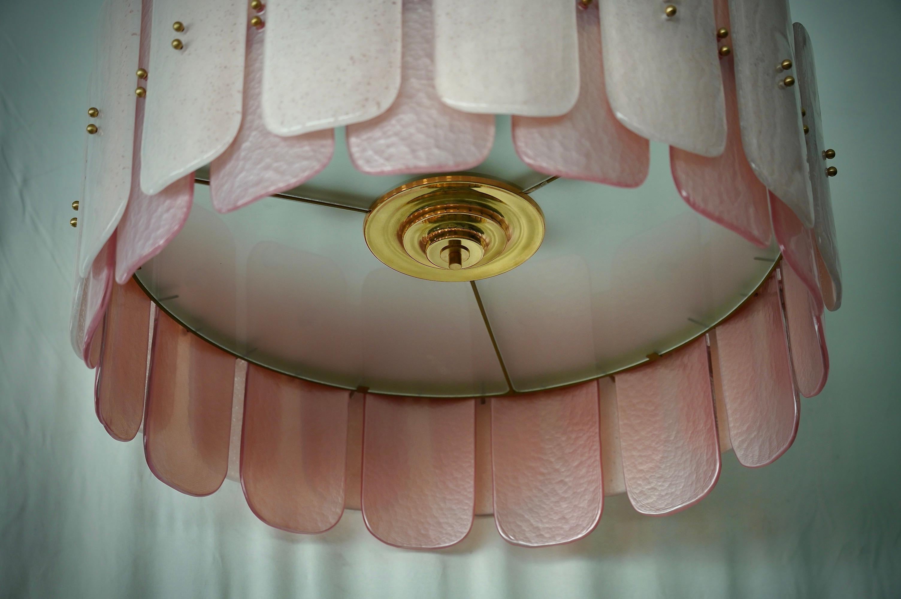 Mid-Century Modern Murano Pink Art Glass and Brass Round Mid-Century Chandelier and Pendants, 2020 For Sale