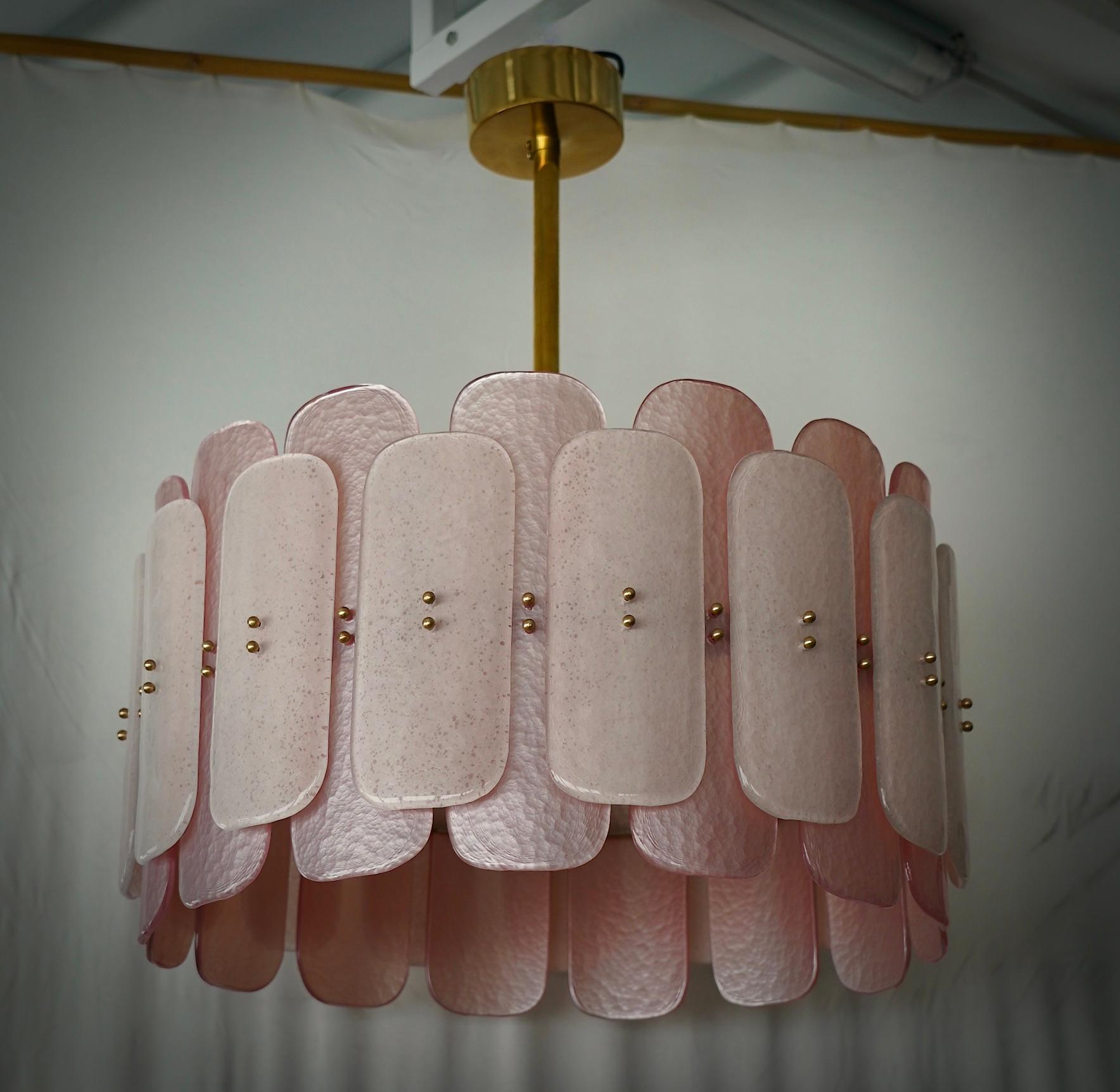 Contemporary Murano Pink Art Glass and Brass Round Mid-Century Chandelier and Pendants, 2020 For Sale