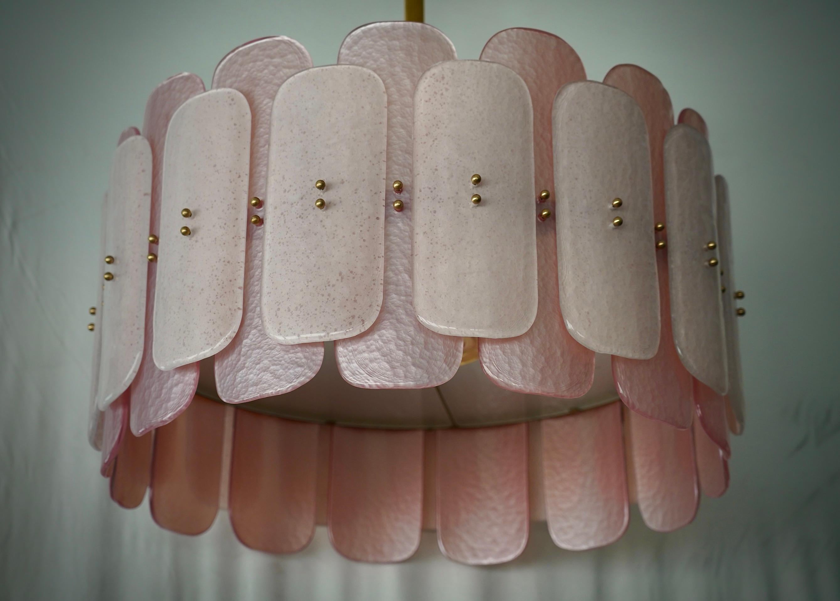 Murano Pink Art Glass and Brass Round Mid-Century Chandelier and Pendants, 2020 For Sale 1