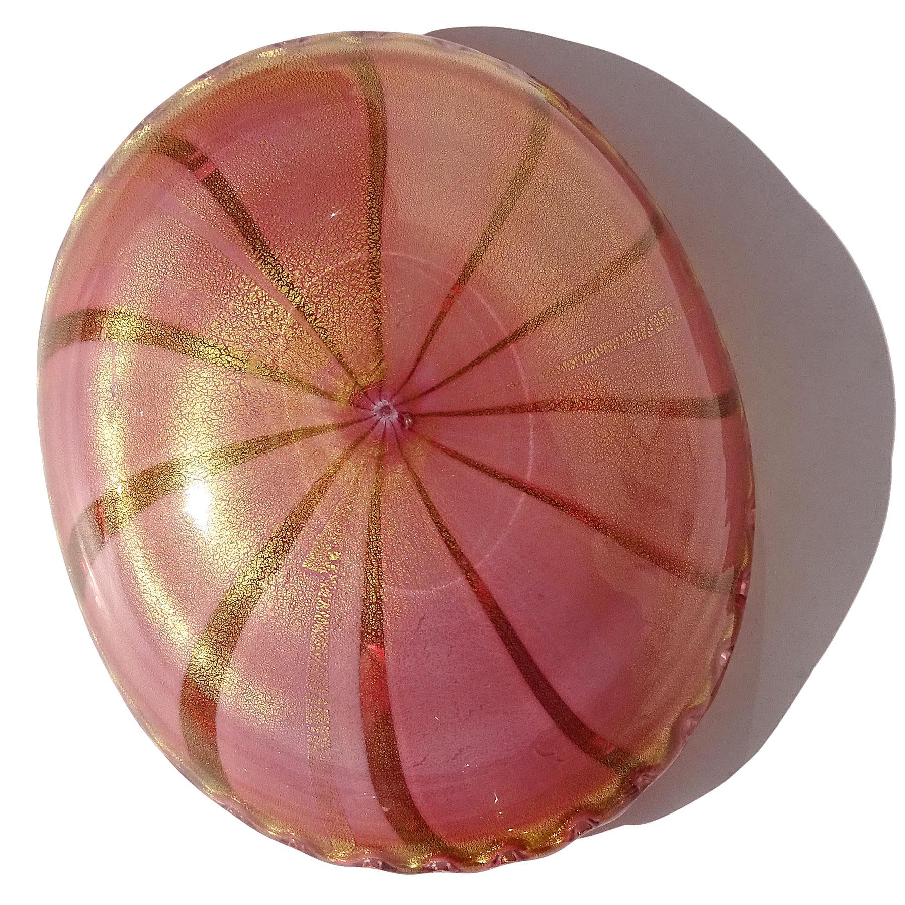 Tazón decorativo de cristal artístico italiano de Murano con cintas de aventurina rosa y motas doradas en venta 2