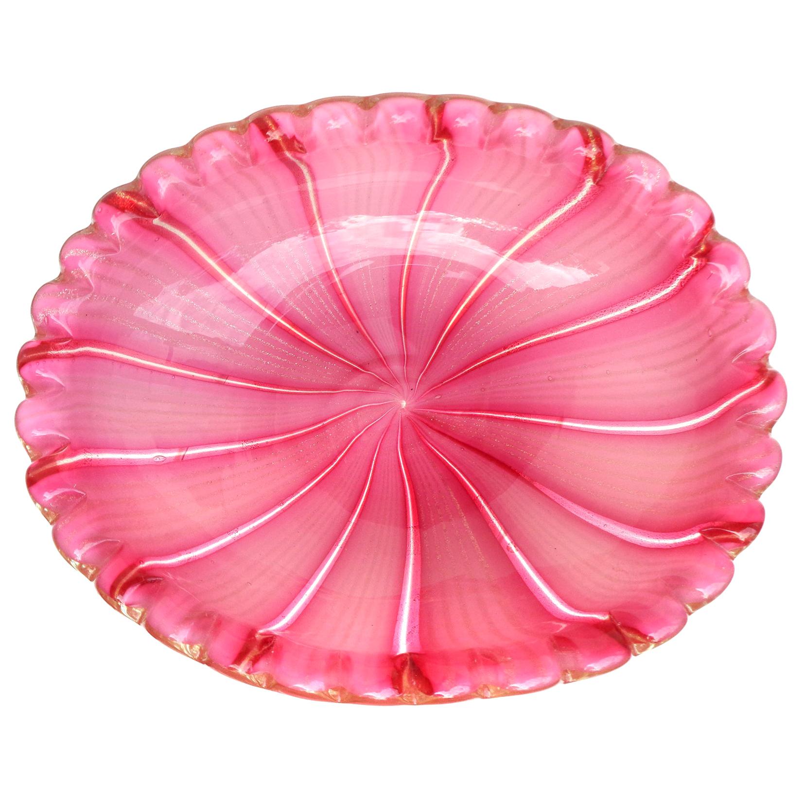 Murano Pink Aventurine Ribbons Gold Flecks Italian Art Glass Decorative Bowl