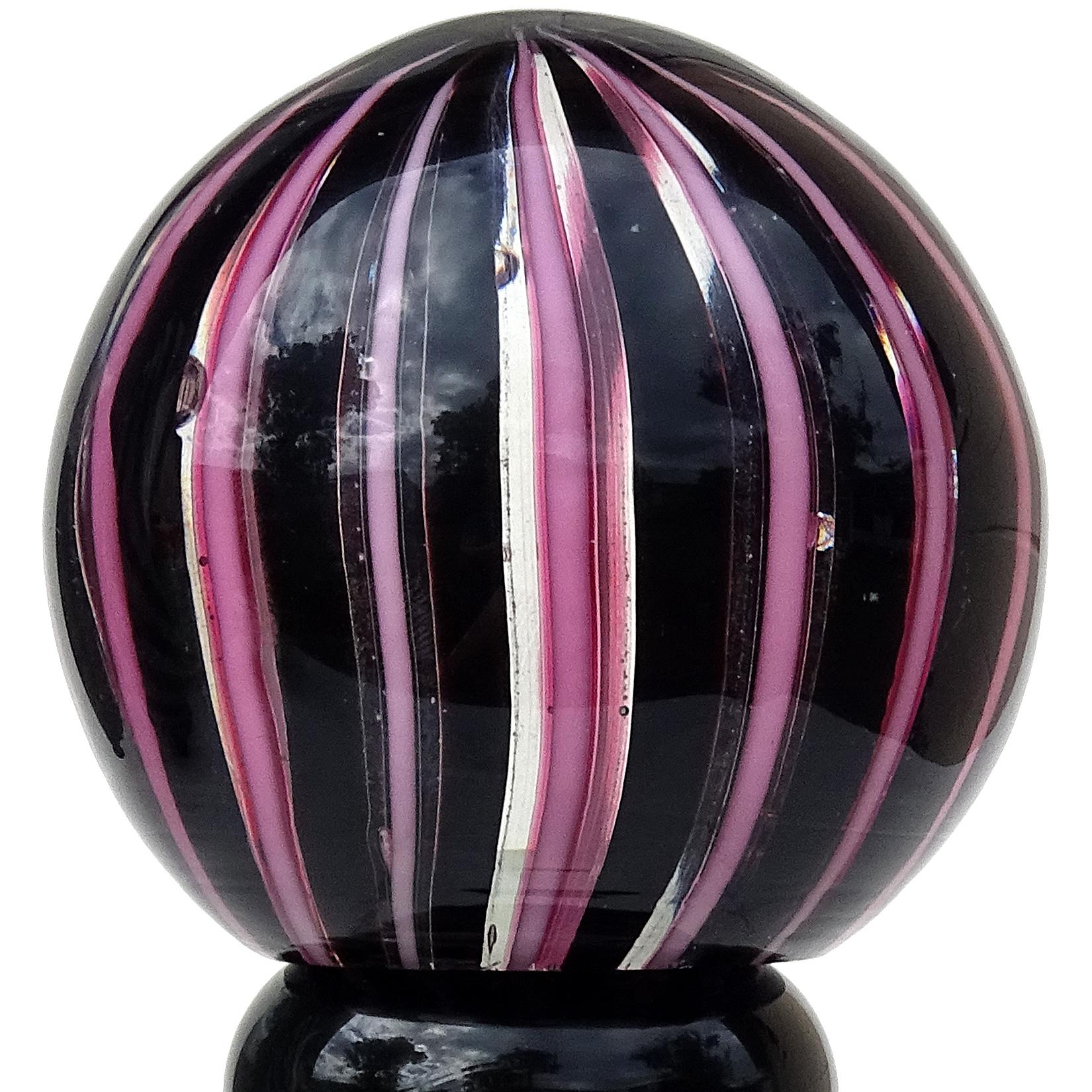 Hand-Crafted Murano Pink Black Filigrana Ribbons Italian Art Glass Pedestal Paperweight