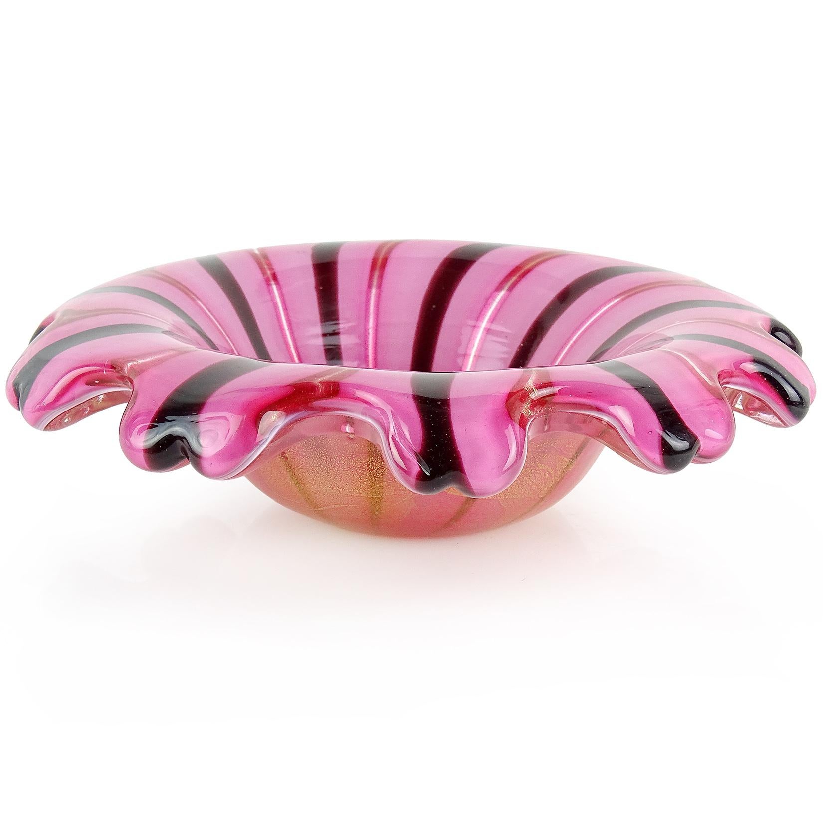 Mid-Century Modern Murano Pink Black Gold Flecks Ribbons Italian Art Glass Flower Shaped Bowl