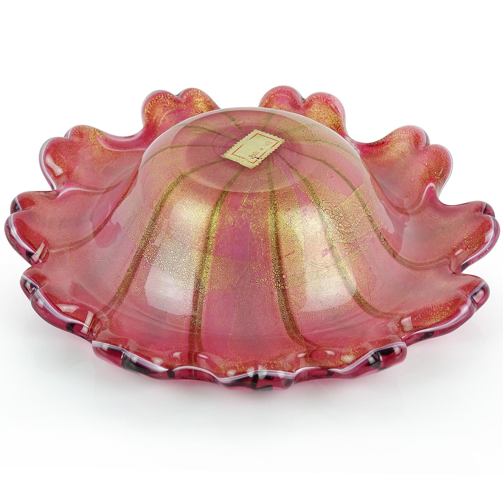 Hand-Crafted Murano Pink Black Gold Flecks Ribbons Italian Art Glass Flower Shaped Bowl