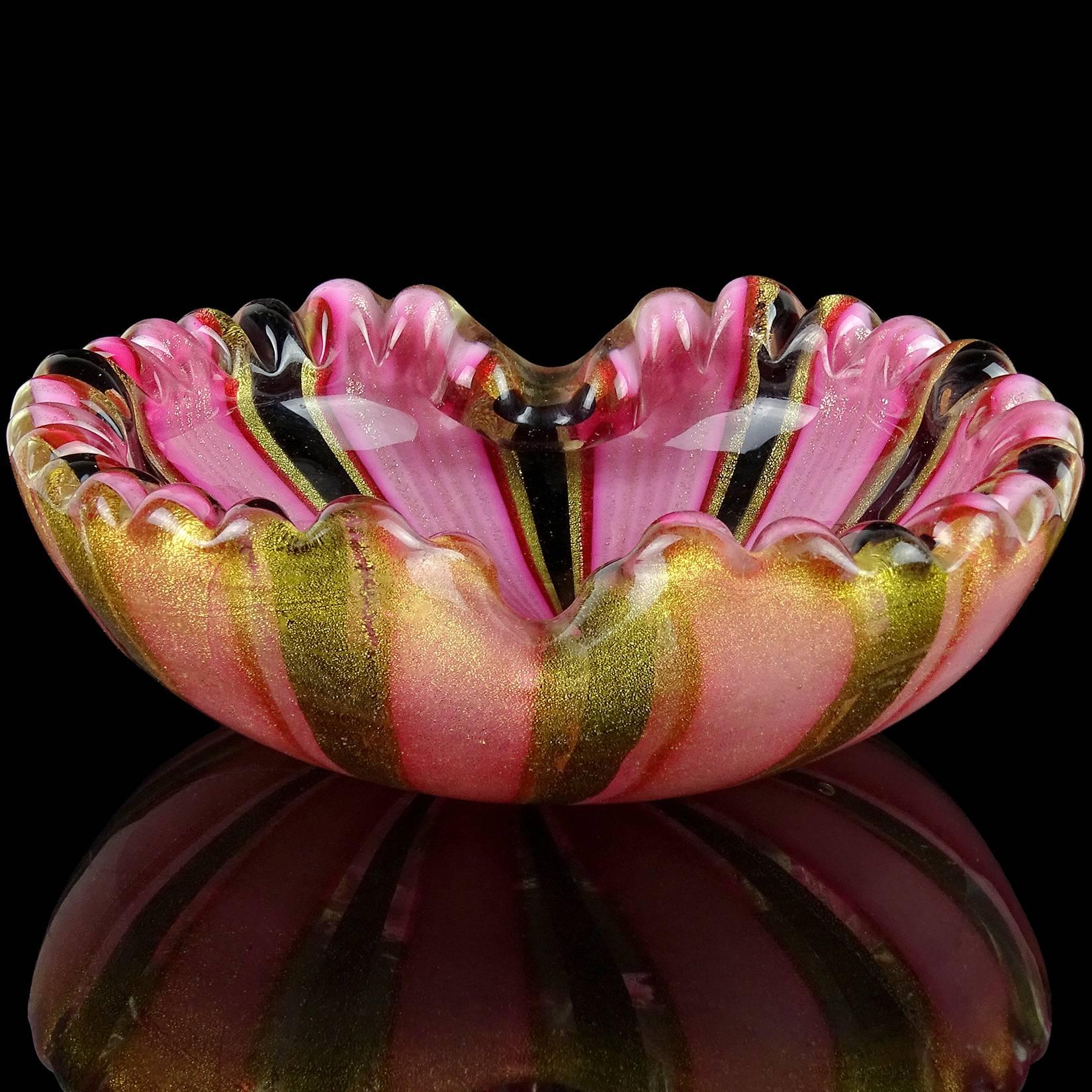 Hand-Crafted Murano Pink Black Ribbons Gold Flecks Italian Art Glass Scalloped Rim Bowl