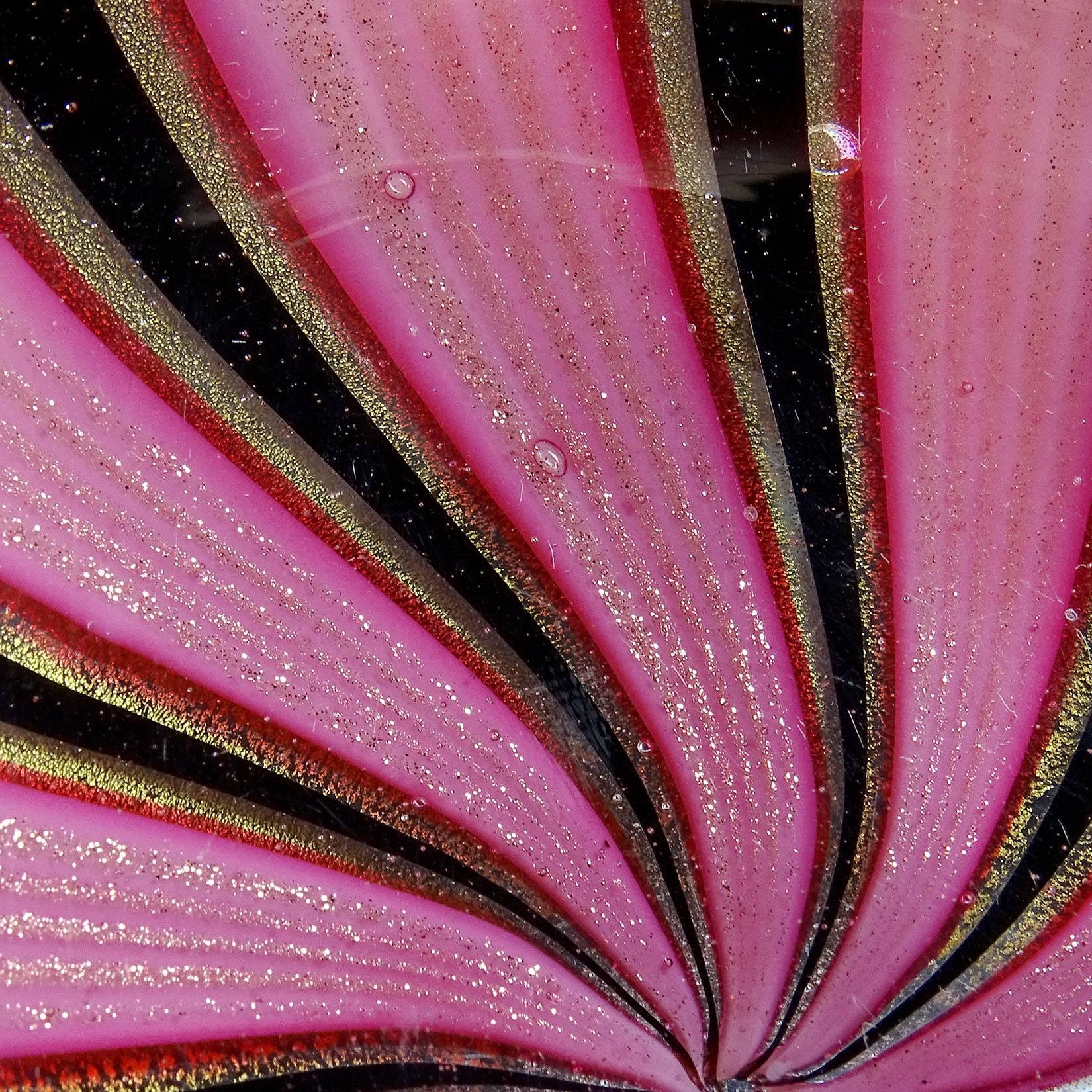 Murano Pink Black Ribbons Gold Flecks Italian Art Glass Scalloped Rim Bowl In Good Condition In Kissimmee, FL