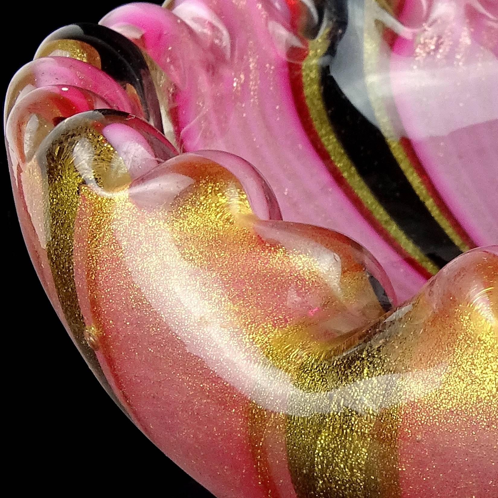 20th Century Murano Pink Black Ribbons Gold Flecks Italian Art Glass Scalloped Rim Bowl