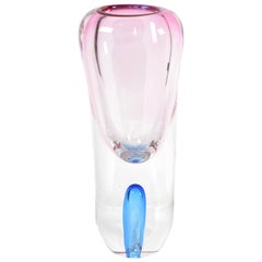 Murano Pink Blue & Clear Two Sided Blown Art Glass Vase Mid-Century Modern Italy
