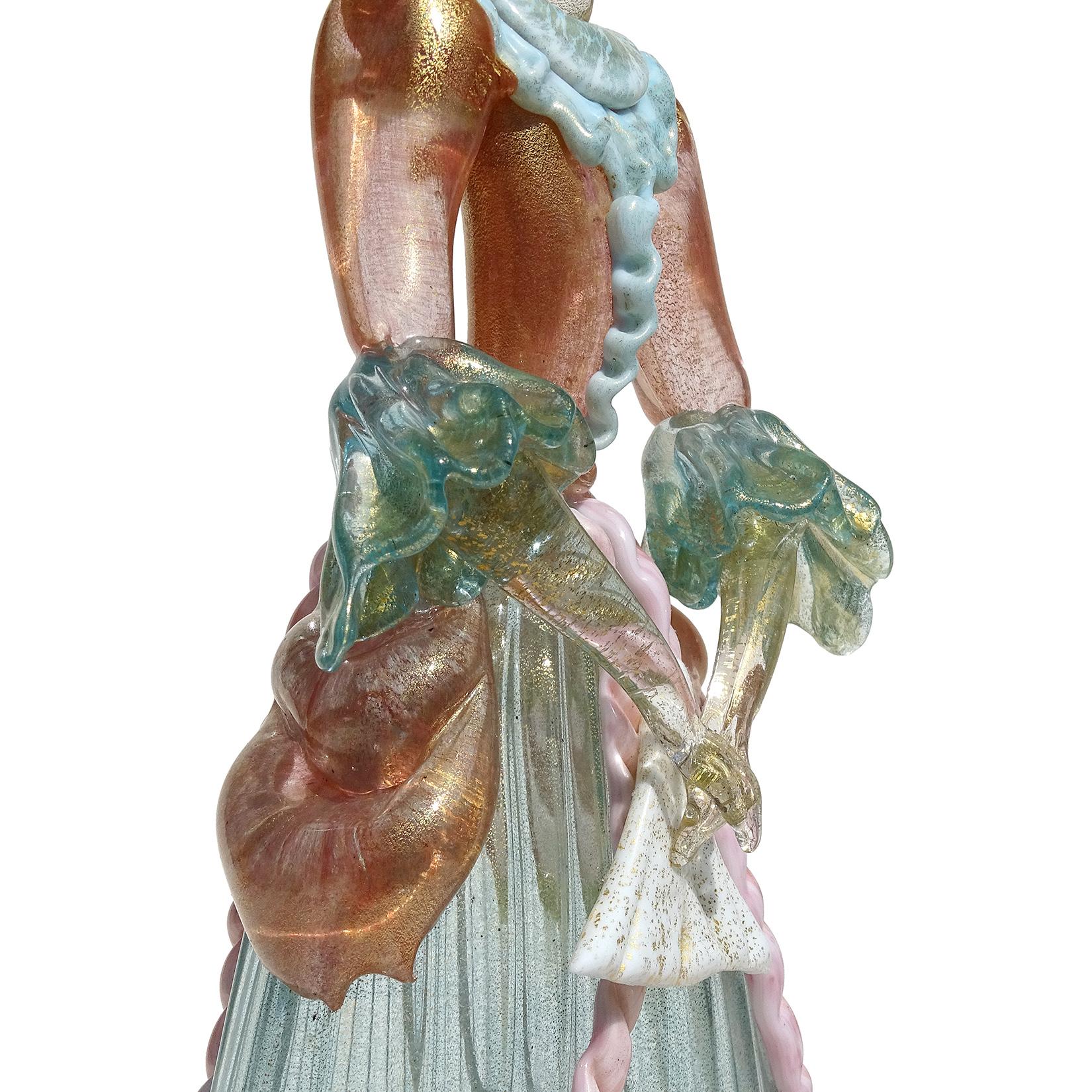 Hand-Crafted Murano Pink Blue Gold Flecks Italian Art Glass Victorian Dress Woman Sculpture For Sale