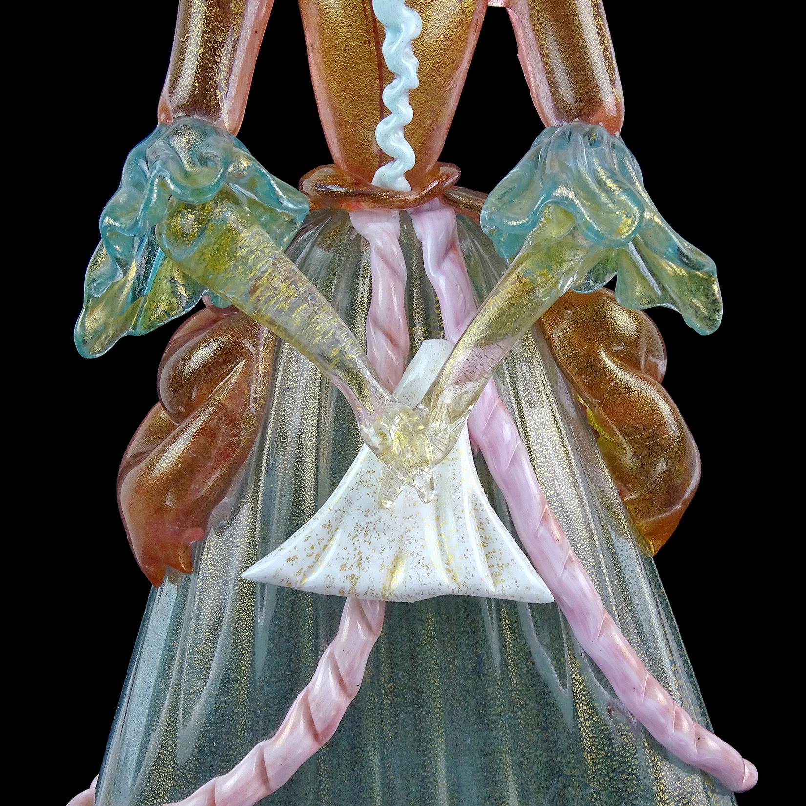 Murano Pink Blue Gold Flecks Italian Art Glass Victorian Dress Woman Sculpture For Sale 3