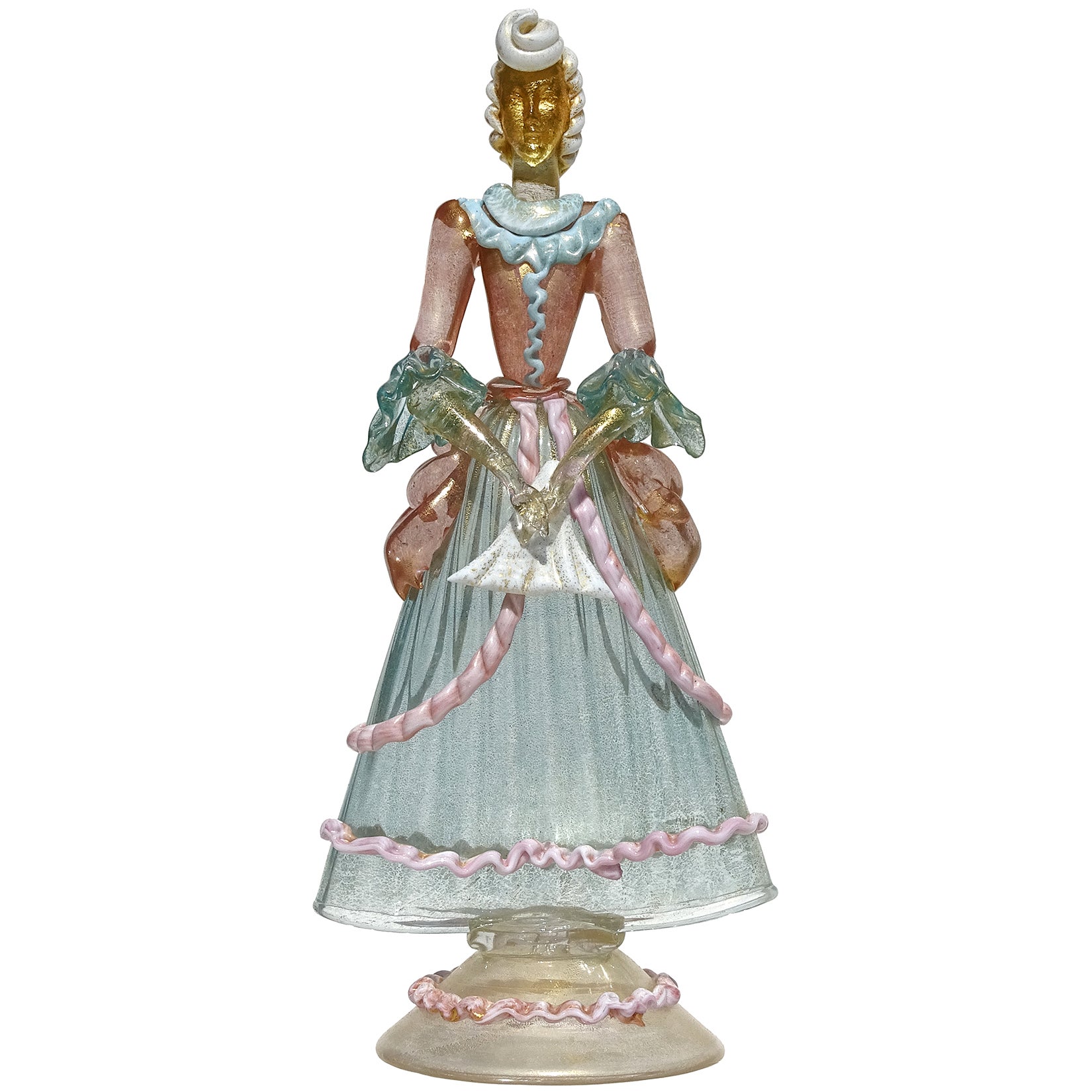 Sculpture de femme victorienne en verre d'art italien de Murano rose, bleu et moucheté d'or en forme de robe en vente