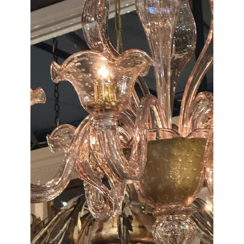 Contemporary Murano Pink Bubble Glass Chandelier For Sale