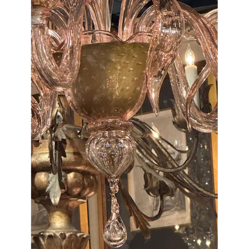 Blown Glass Murano Pink Bubble Glass Chandelier For Sale