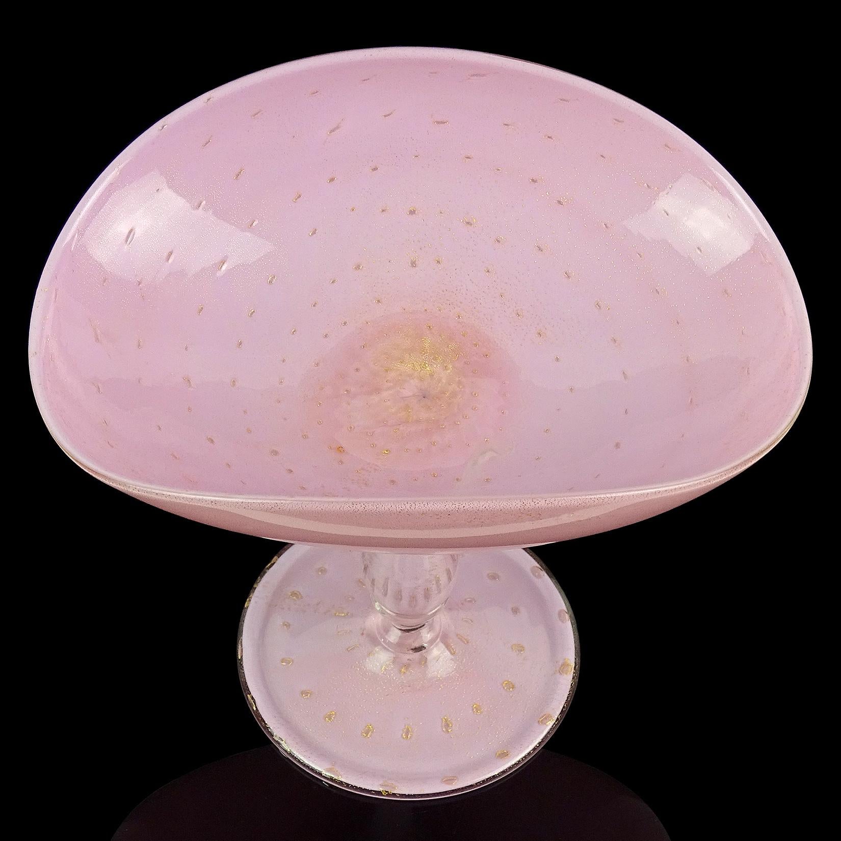 Mid-Century Modern Murano Pink Bubbles Gold Flecks Italian Art Glass 1950s Candy Dish Compote Bowl