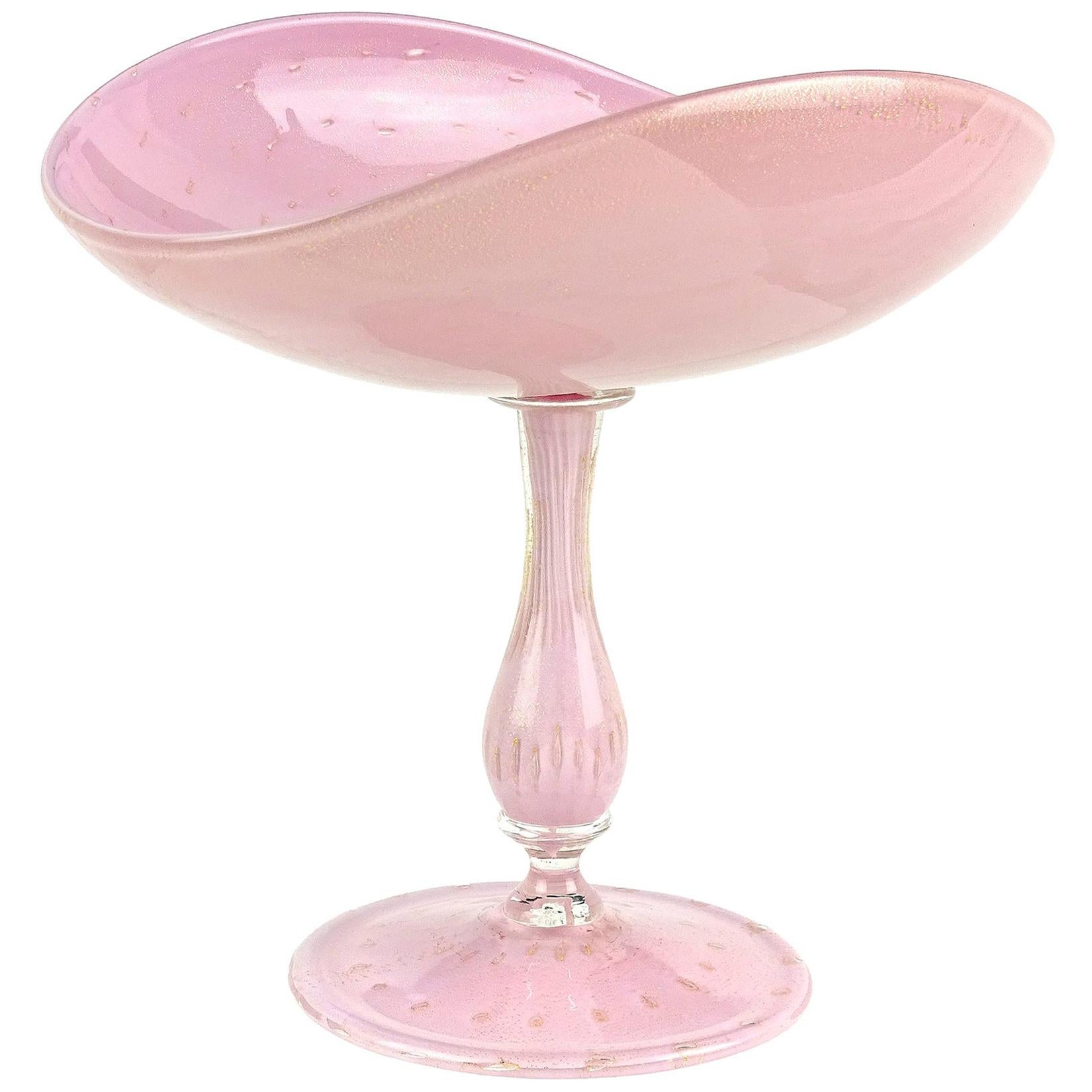 Murano Pink Bubbles Gold Flecks Italian Art Glass 1950s Candy Dish Compote Bowl