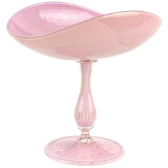 Retro Murano Pink Bubbles Gold Flecks Italian Art Glass 1950s Candy Dish Compote Bowl