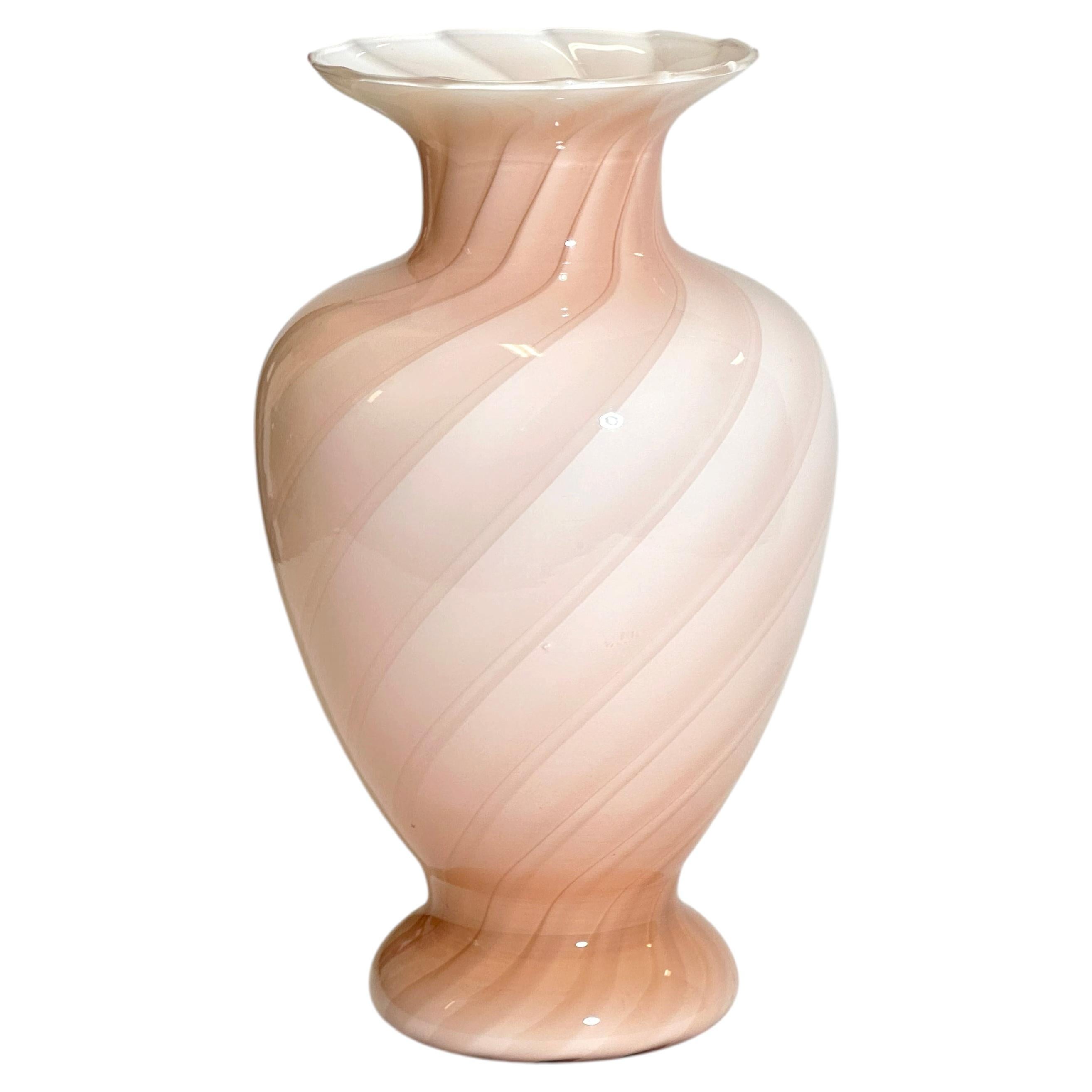 Murano Pink Cased Glass Vase, Optic Swirl Design, Italy, Circa 1970s