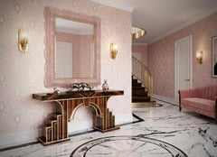 Murano Pink Color Glass and Brass Illuminated Consol Mirror / Wall Mirror, 2020