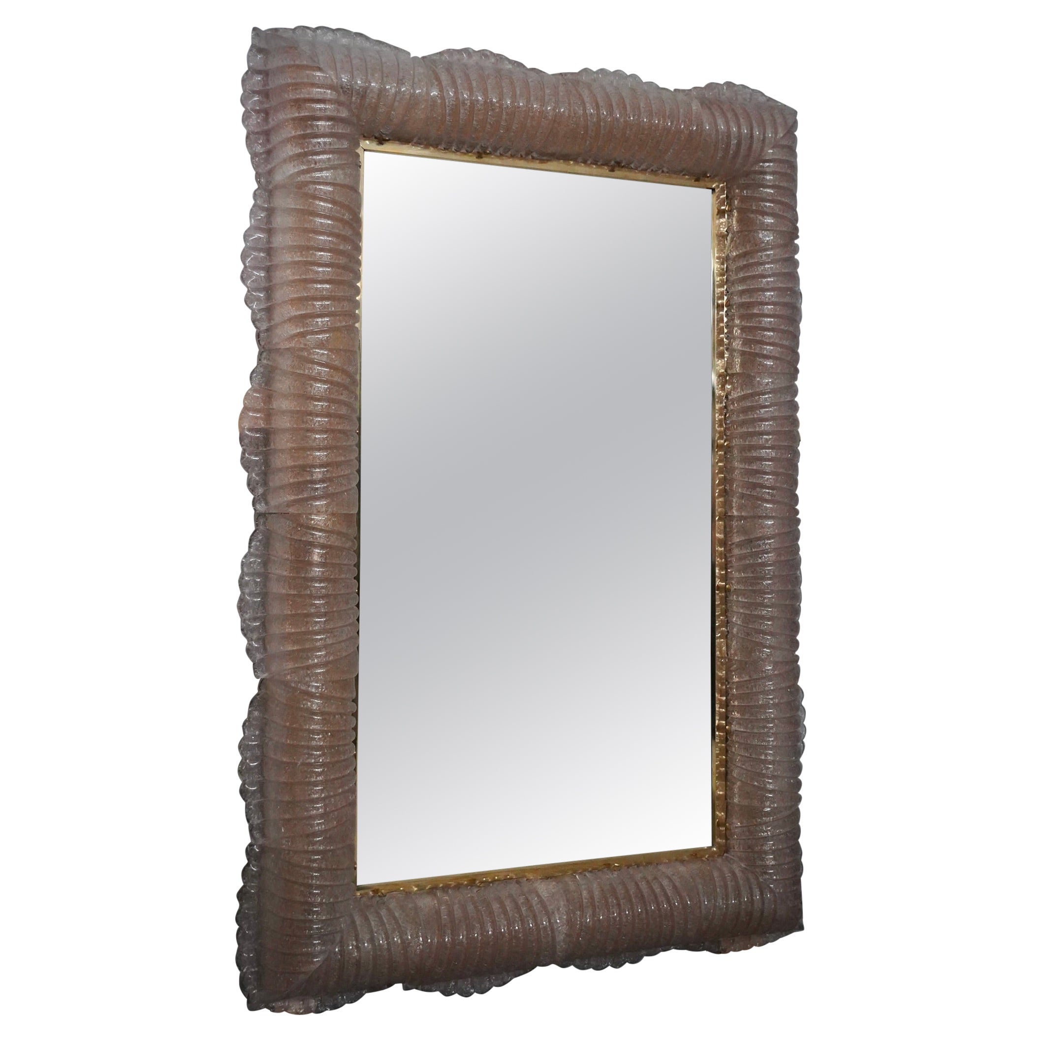 Murano Pink Color Glass and Brass Illuminated Consol Mirror / Wall Mirror, 2020
