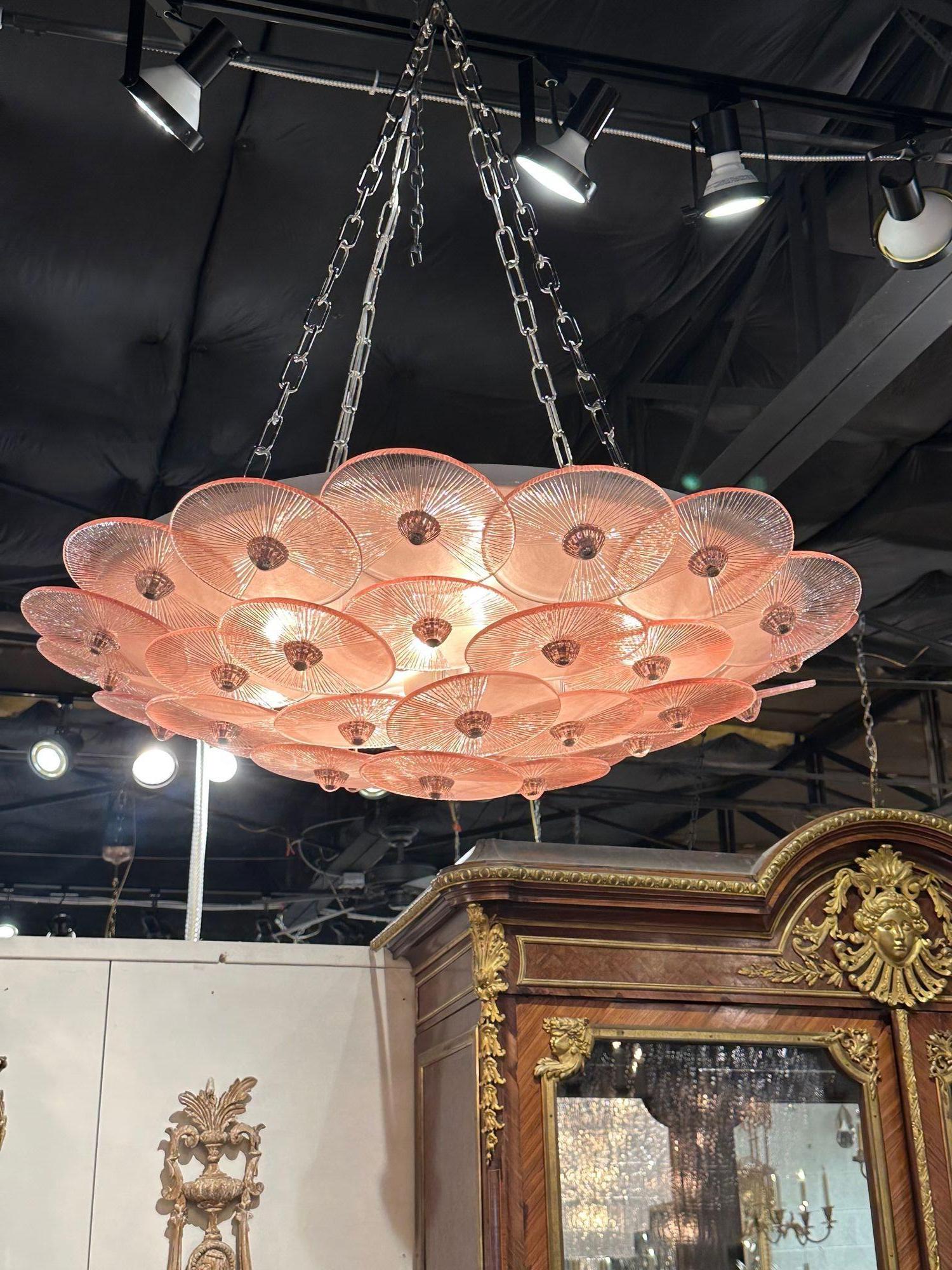 Modern Murano pink disc flush mount chandelier. Circa 2000. The chandelier has been professionally re-wired, cleaned and is ready to hang. Sure to make a statement!