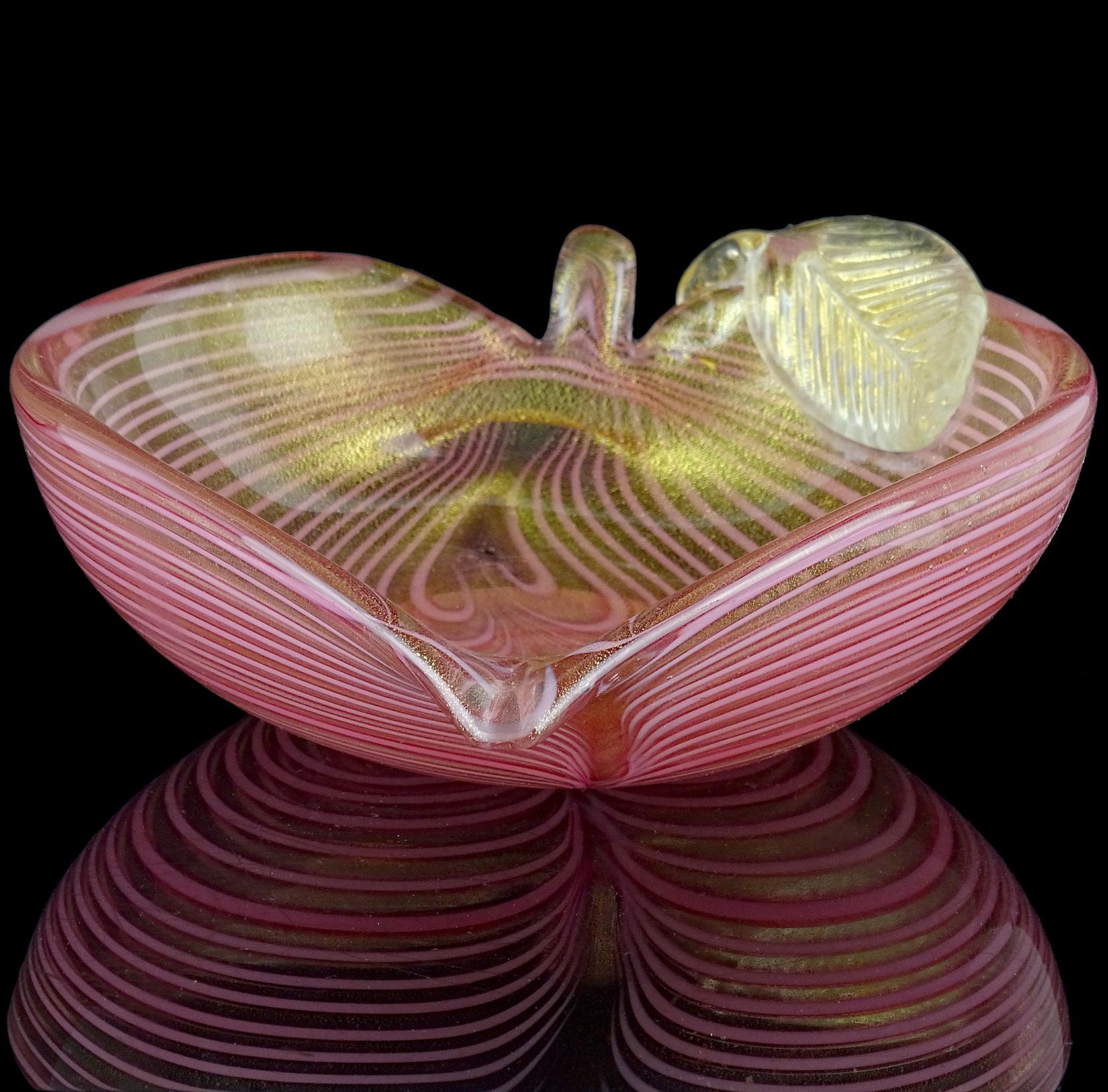 Beautiful vintage Murano hand blown pink pulled feather and gold leaf Italian art glass leaf shaped decorative bowl. Created in the 