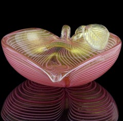 Murano Pink Fenicio Pulled Feather Gold Flecks Italian Art Glass Leaf Shape Bowl
