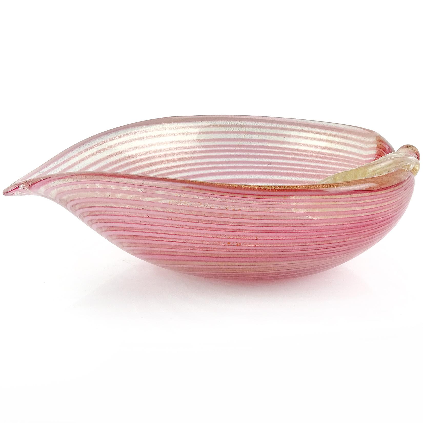 Mid-Century Modern Murano Pink Fenicio Pulled Feather Gold Flecks Italian Art Glass Leaf Shape Bowl For Sale