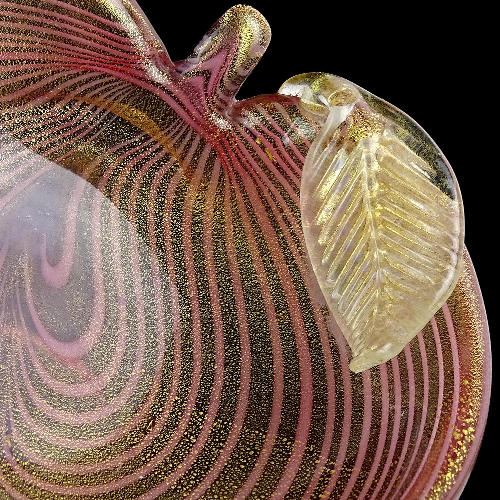 Hand-Crafted Murano Pink Fenicio Pulled Feather Gold Flecks Italian Art Glass Leaf Shape Bowl For Sale