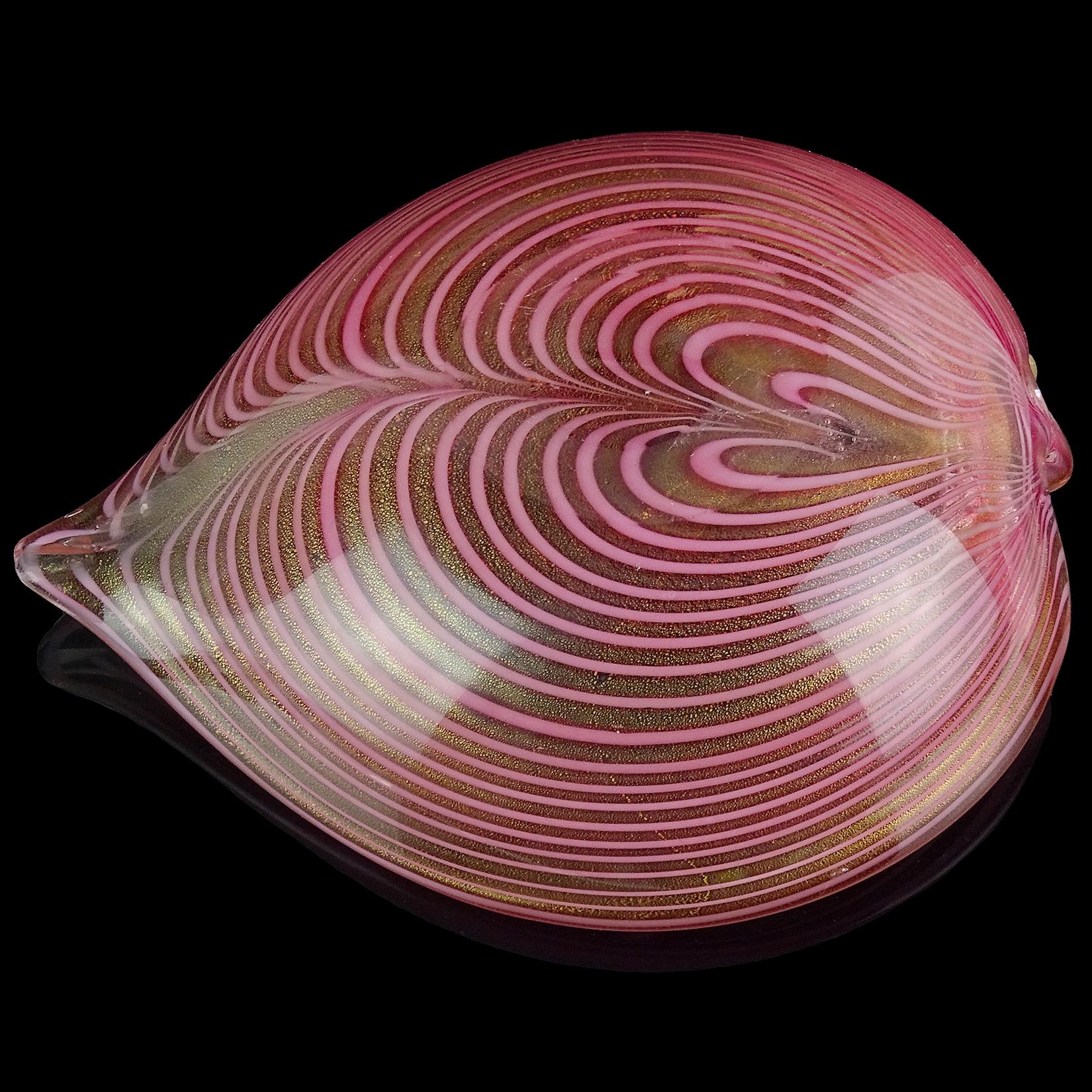 20th Century Murano Pink Fenicio Pulled Feather Gold Flecks Italian Art Glass Leaf Shape Bowl For Sale