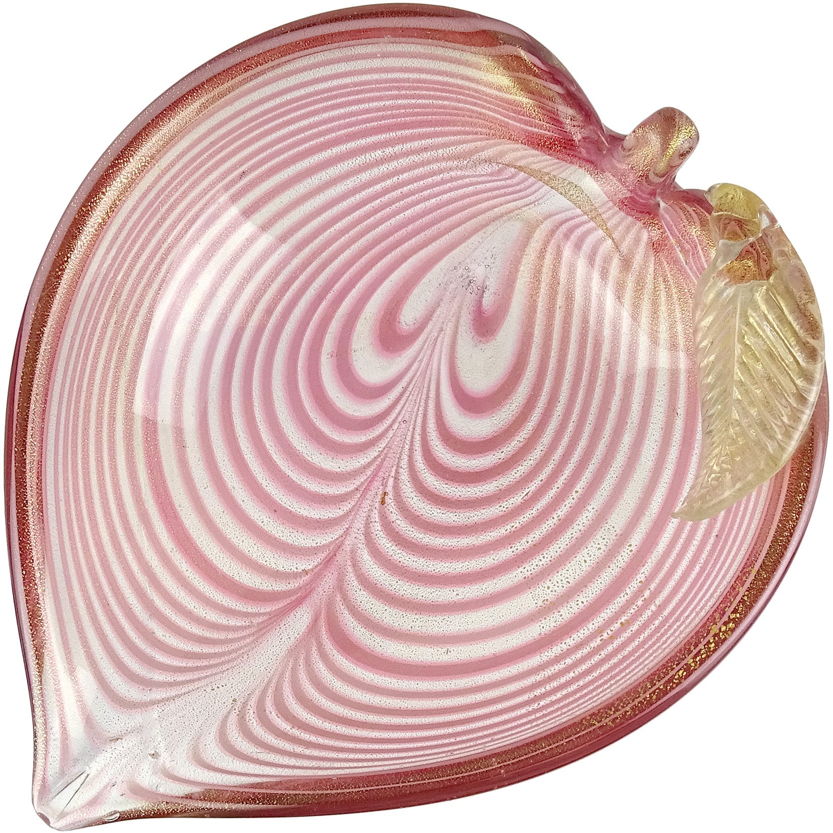 Murano Pink Fenicio Gezogene Feder Goldflecken Italienische Kunst Glas Blatt Form Schale im Angebot