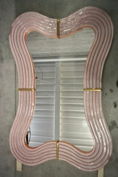 Murano Pink Glass and Brass Console Wall Mirror, 2020