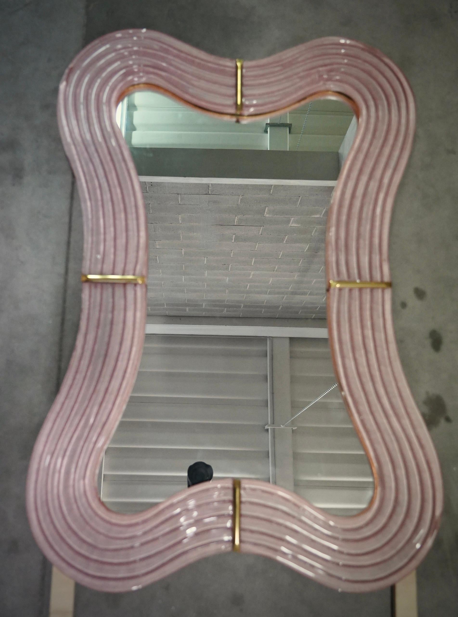 Late 20th Century Murano Pink Glass and Brass Console Wall Mirror, 1990 For Sale