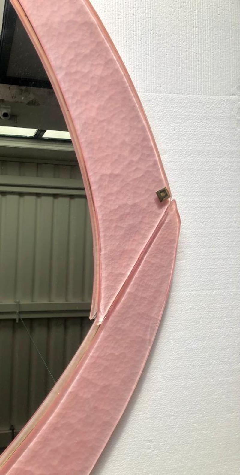 Mid-Century Modern Murano Pink Glass and Brass Mid-Century Wall Mirror, 2020